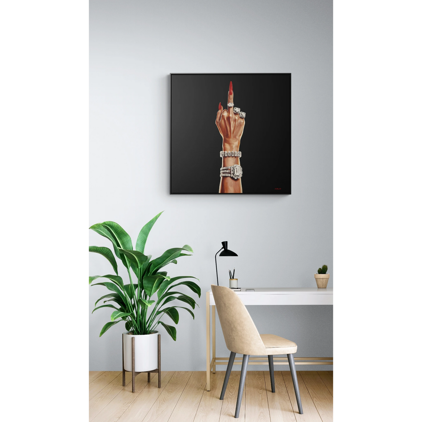 Canvas Wall Art, Feminist Artwork, Square Frame Decor, Bold Female Power, Glamorous Diamond Design, Rich Woman Flipping the Bird, Audacious