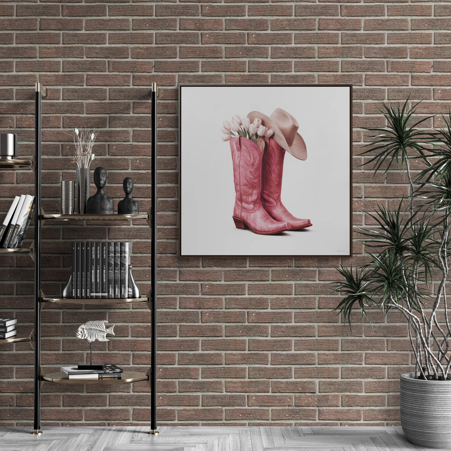 Cowgirl Pink Cowboy Boots White Tulips Square Canvas Wall Art, Southwestern Home Decor, Western Cowgirl Gift, Pink Floral Wall Decor, Square - LOLA VEGAS ART