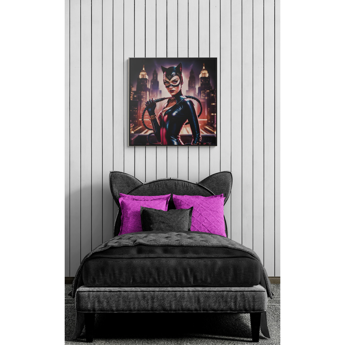 Catwoman Square Frame Canvas Wall Art, Retro Sexy Comic Villain Gallery Wrap, Gotham City Home Decor, Classic Catsuit Design, Bedroom Living