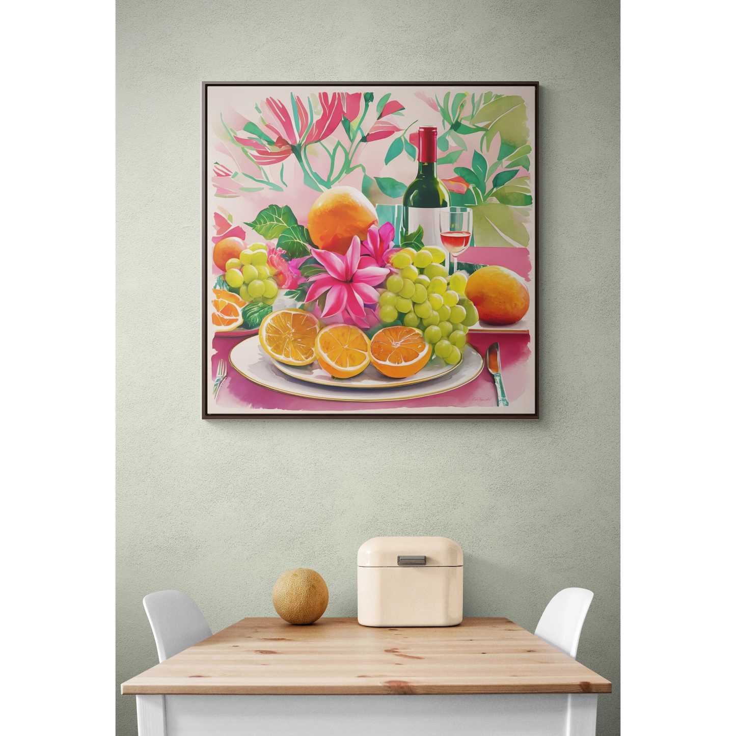 Feminine Square Wall Art, Gallery Canvas Wraps for Sunday Brunch, Pink Decor, Fruit Flowers Champagne, Gift for Her, Home Decor, Square