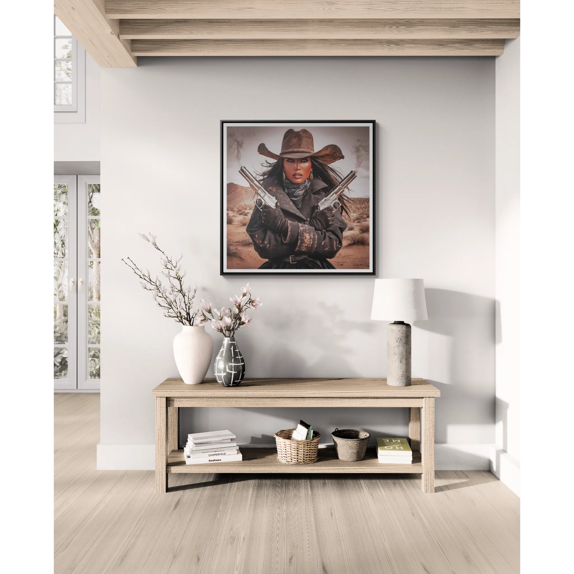 Southwestern Outlaw Queen Square Canvas Wall Art, Female Portrait, Desert Home Decor, Tough Woman in the Desert, Gallery Canvas Wraps, - LOLA VEGAS ART