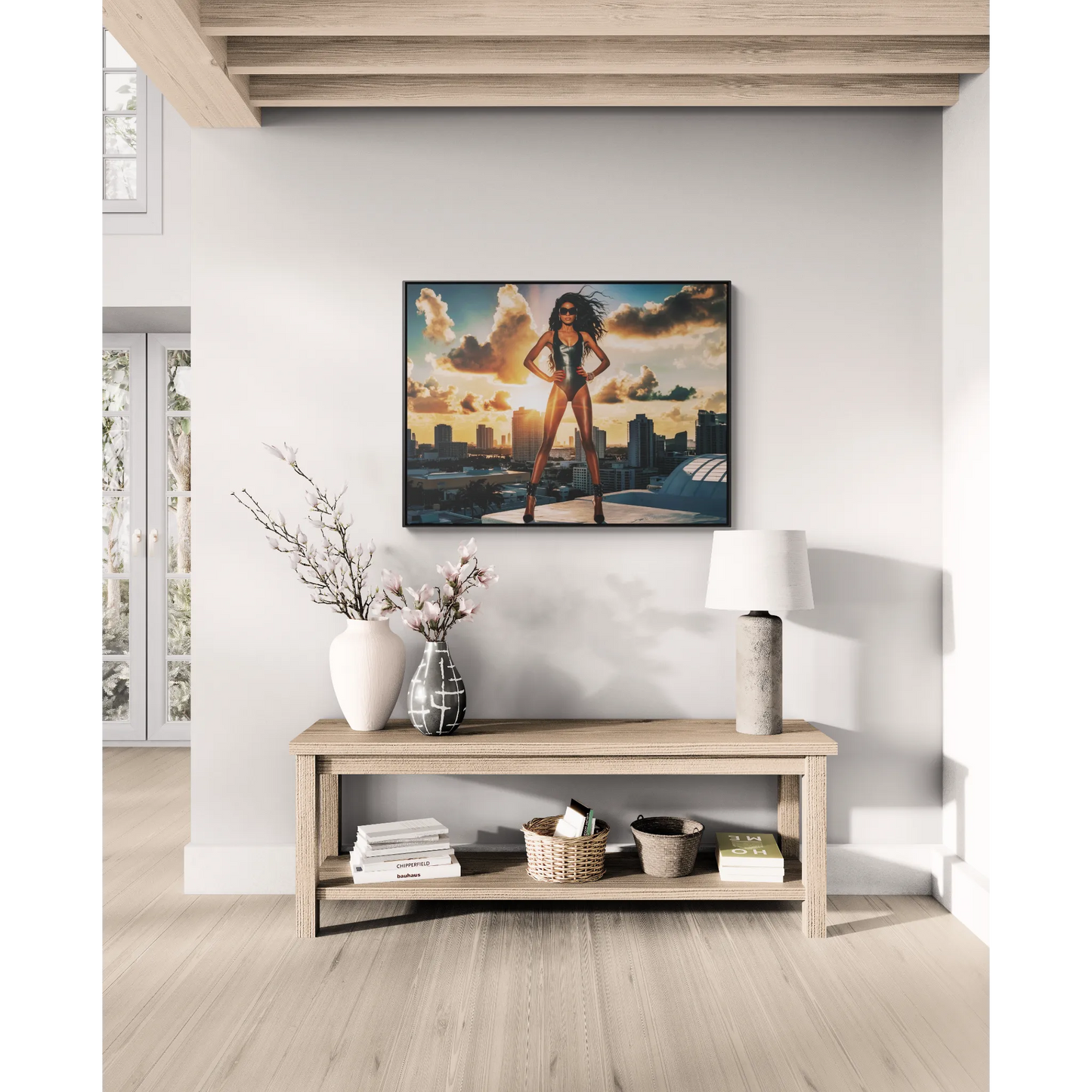 Canvas Wall Art, African American Model in Swimsuit with Miami Skyline, Fashion Decor, Horizontal Frame Home Decor, Gallery Wrap Print