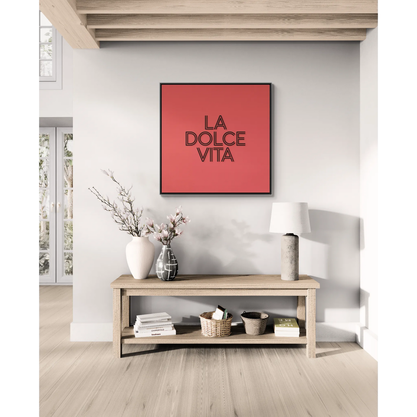 Square Frame Wall Art, LA DOLCE VITA Typography Canvas, Orange and Black, Cool Home Decor, Gallery Canvas Wrap, Home Office Decor, Unique