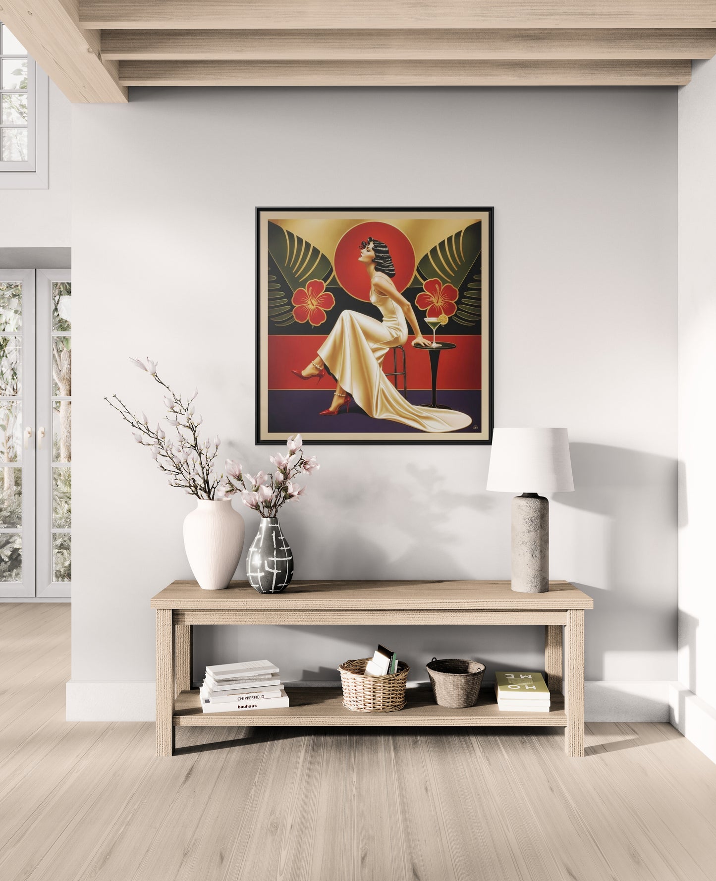 Art Deco Lady Red Green Beige Tropical Canvas Framed Wall Art | Matte Print