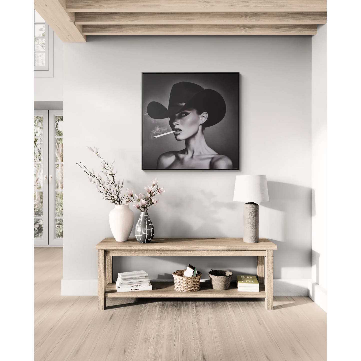 Square Frame Canvas Wall Art, Fashionista Home Decor, Black and White Fine Art Photography, Gorgeous Woman with Freckles, Cowboy Hat,