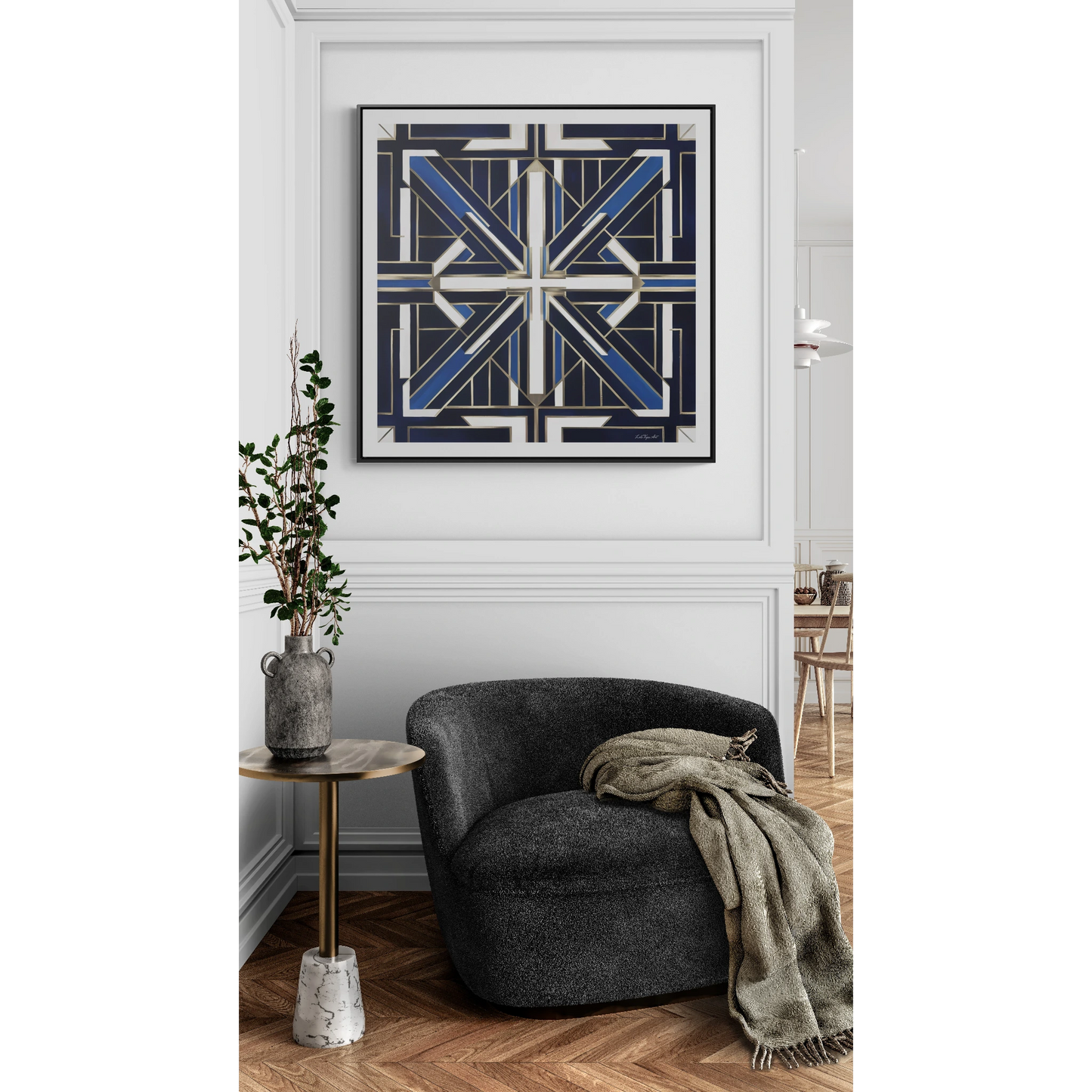 Art Deco Square Frame Canvas Wall Art, Blue and White Gallery Canvas Wraps, Home Decor, Geometric Design, Modern Wall Hanging, Office Decor