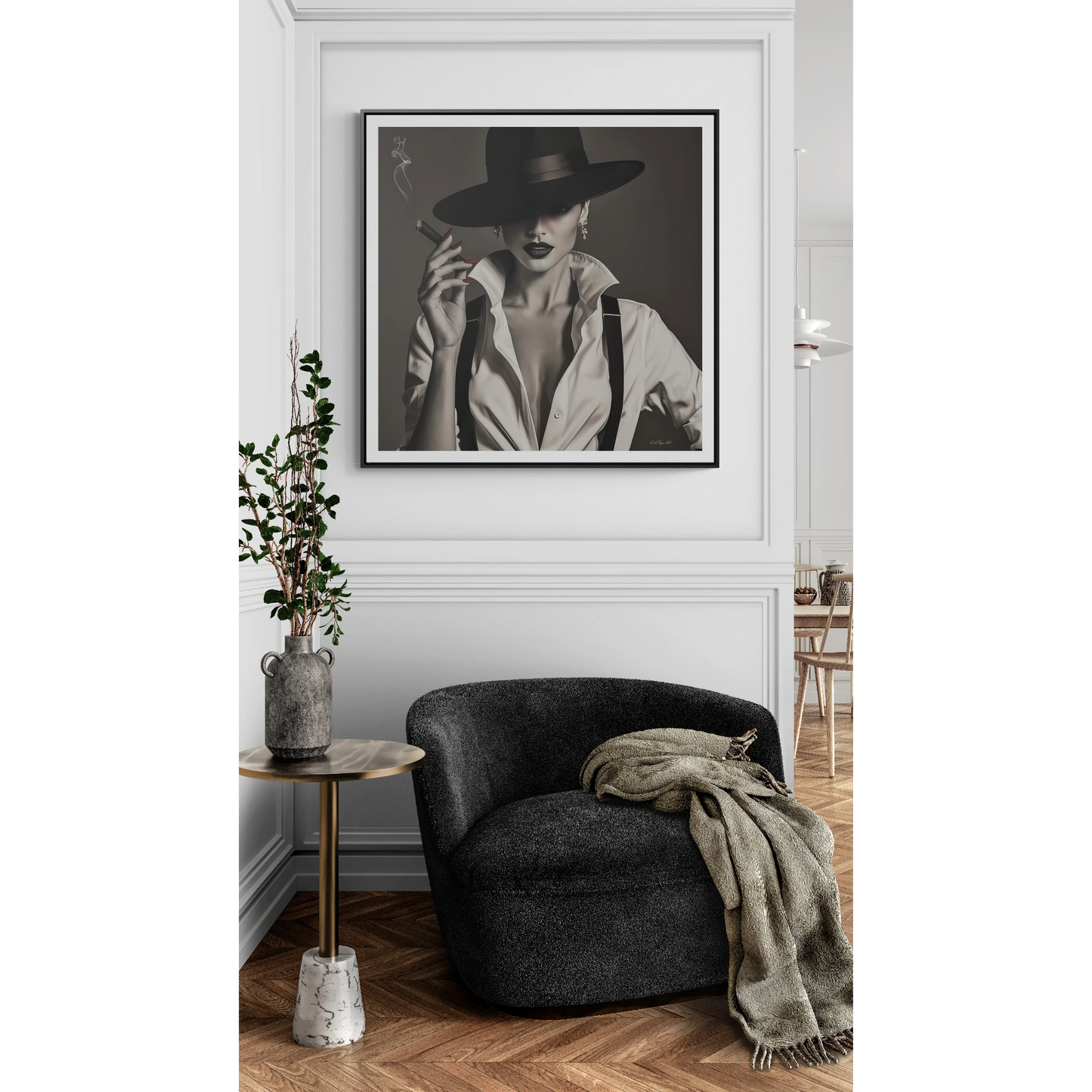 Film Noir Woman Canvas Art, Square Frame, Sexy Black White Femme Fatale Fedora Hat Cigar, Wall Hanging Poster Print, Home Decor Gift,