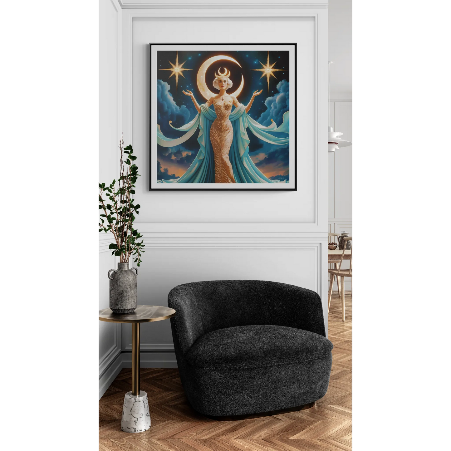 Square Canvas Wall Art, Mystical Goddess Art Deco Home Decor, Framed Art Nouveau Retro Gallery Wrap, Gift for Her, Wall Hanging, Wall Decor,