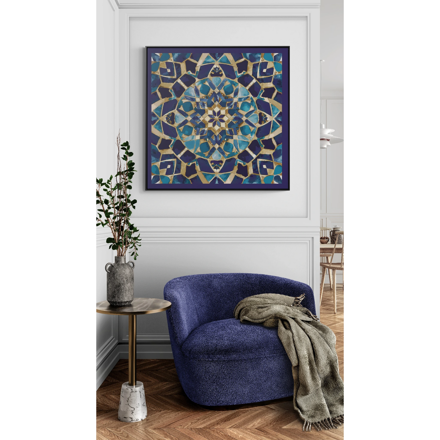 Moroccan Mosaic Canvas Wrap, Ethnic Square Frame Wall Art Painting - Blue and Tan Boho Home Decor, Gallery Artwork, Framed Picture, Living