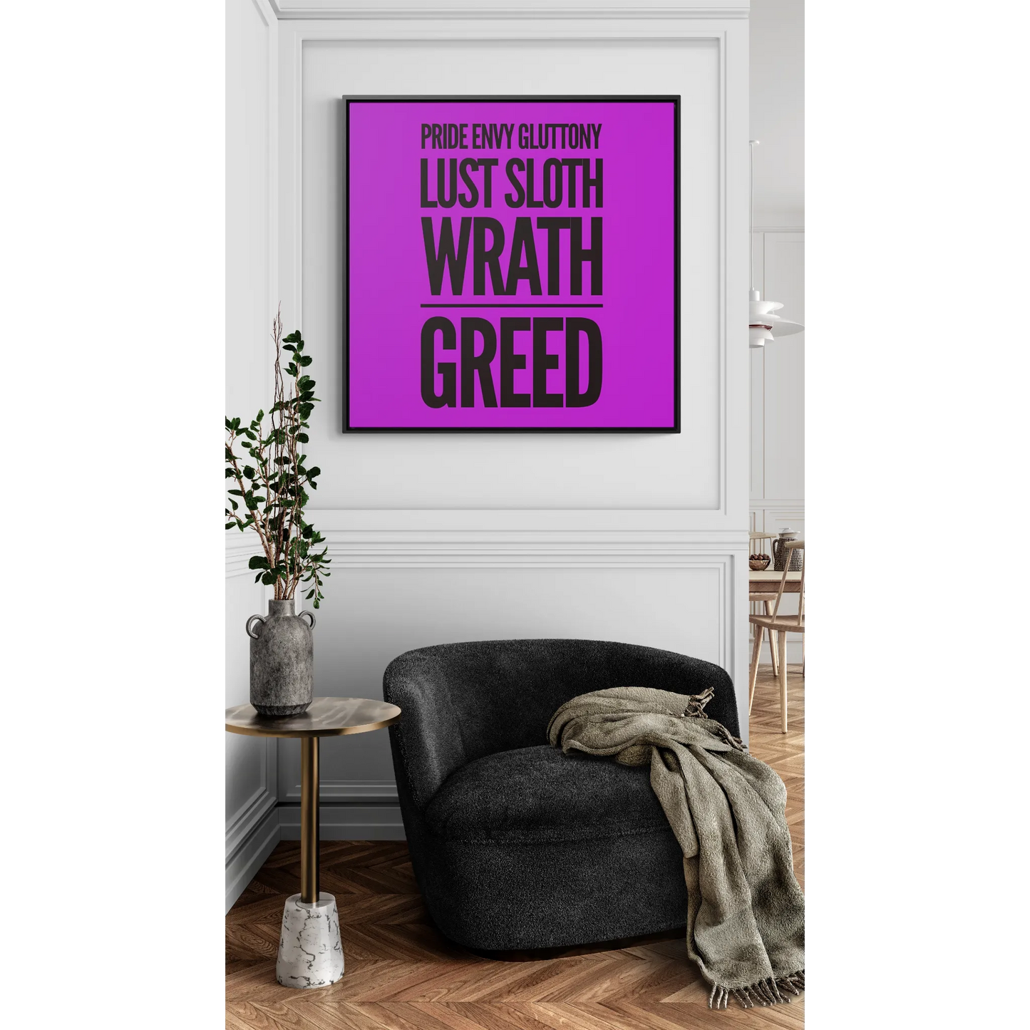 Square Frame Wall Art Canvas, Typography 7 Deadly Sins Magenta Background, Cool Statement Piece, Gallery Canvas Wrap Print, Home Decor