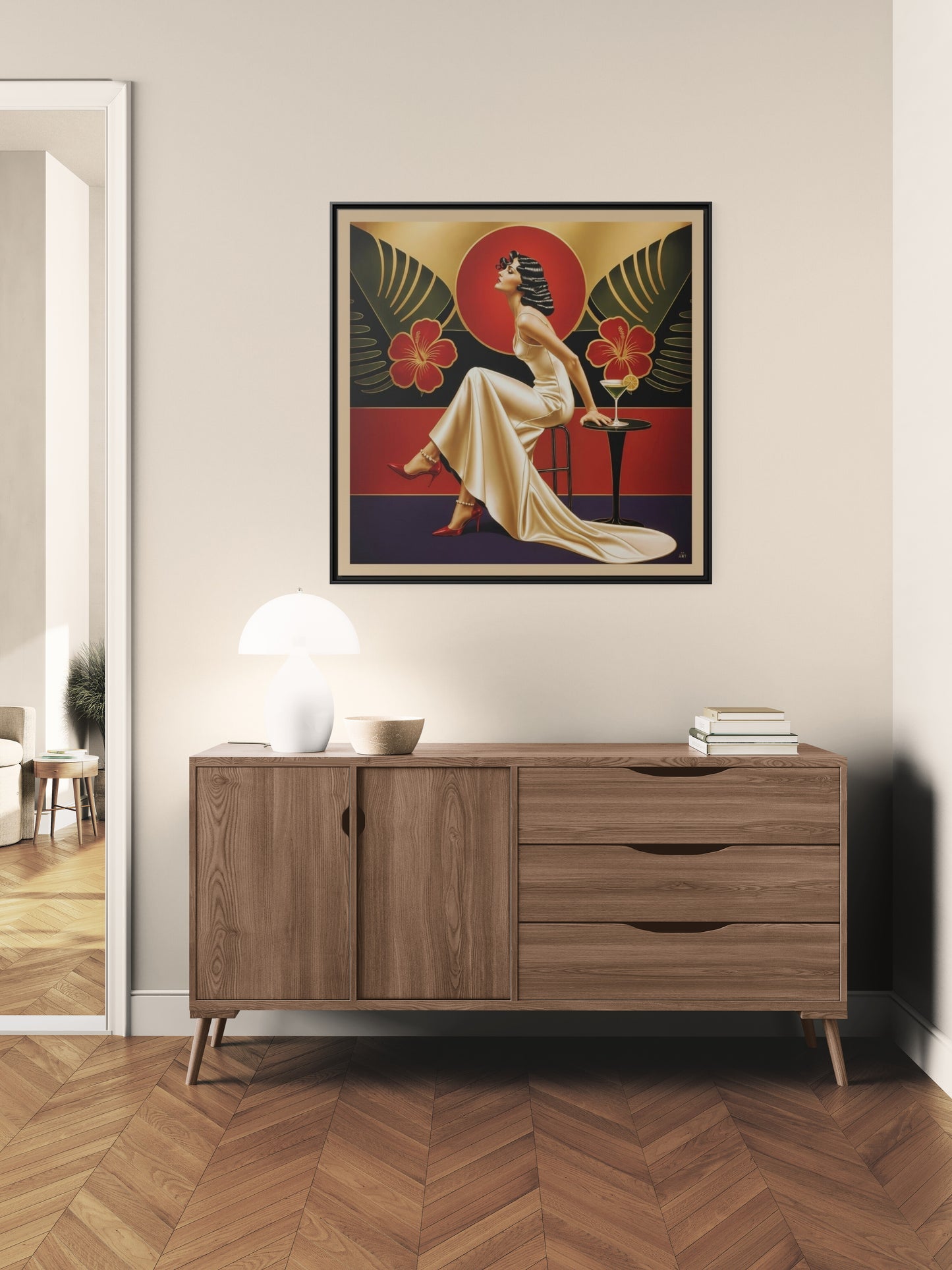 Art Deco Lady Red Green Beige Tropical Canvas Framed Wall Art | Matte Print