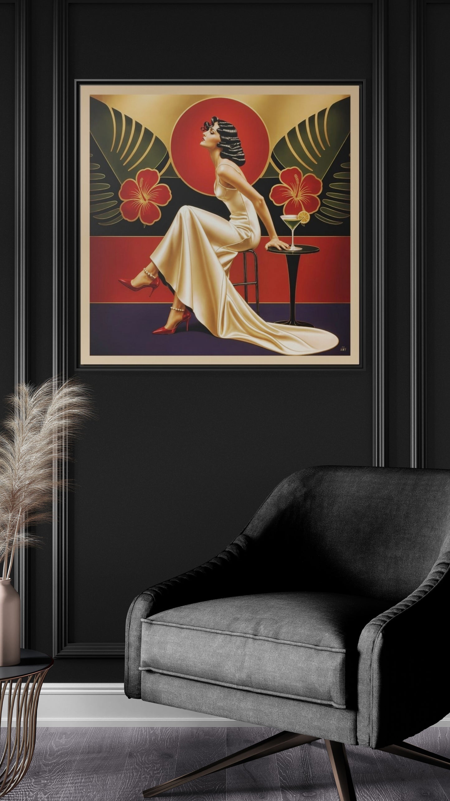 Art Deco Lady Red Green Beige Tropical Canvas Framed Wall Art | Matte Print