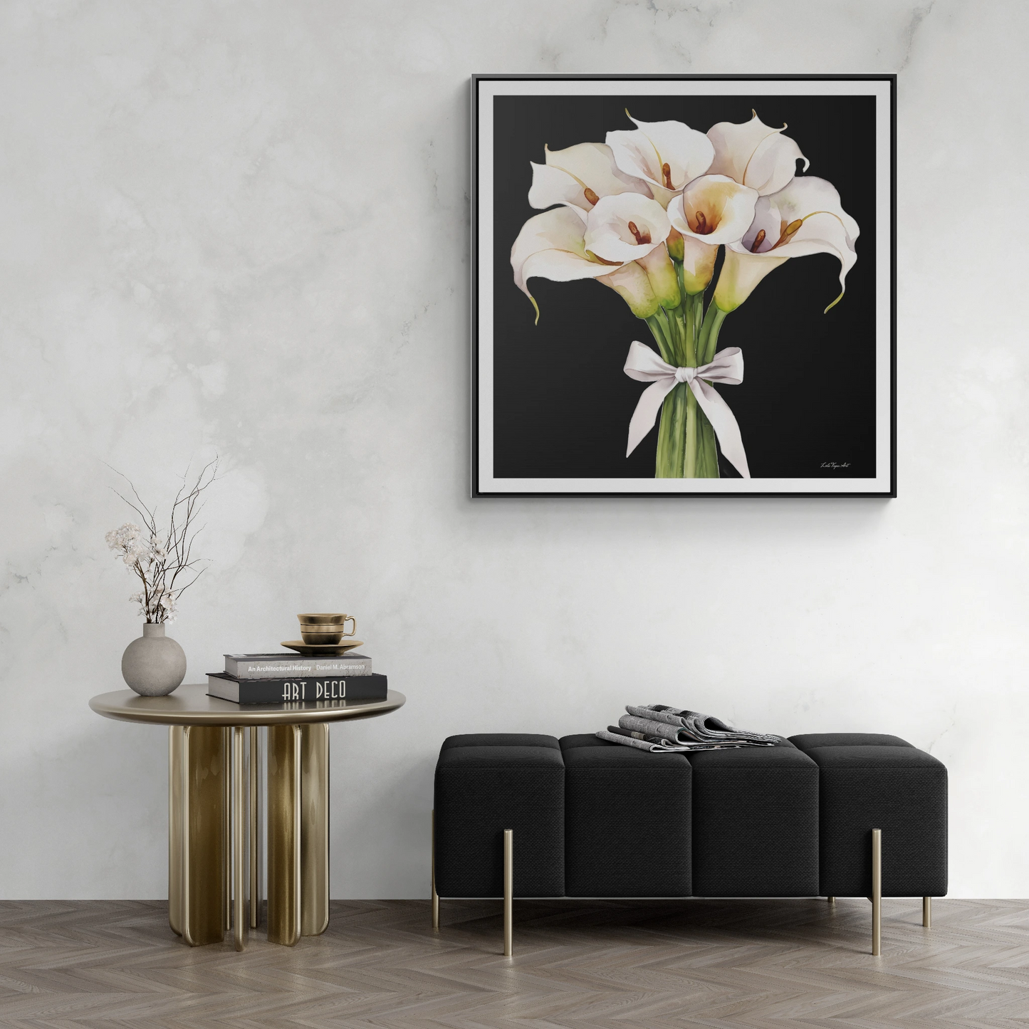 Square Frame Canvas Wall Art - White Calla Lillies Bouquet Painting, Gallery Canvas Wraps, Square Frame, Home Decor, Floral Art, Black