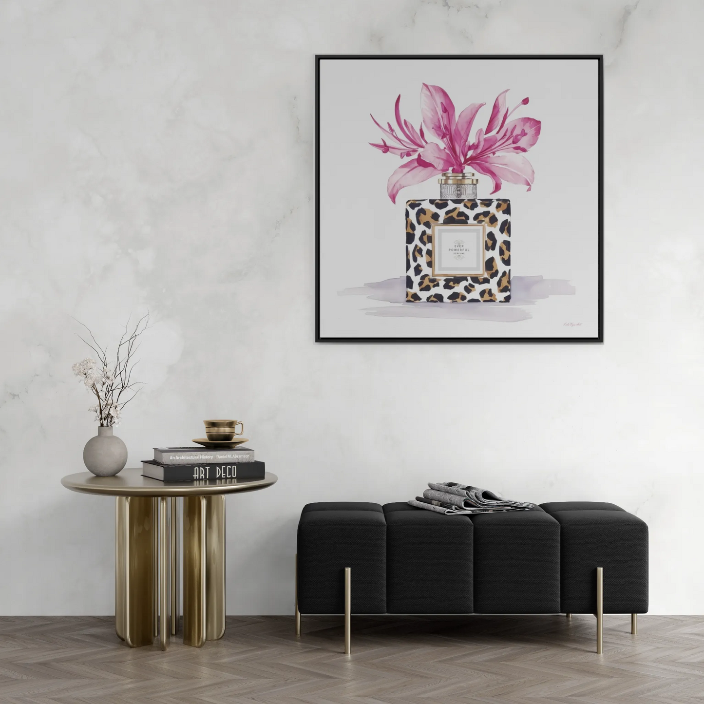 Square Frame Canvas Wall Art, Leopard Print Perfume Bottle with Pink Flowers, Feminine Fashion Decor - Gallery Canvas Wraps, Home Office