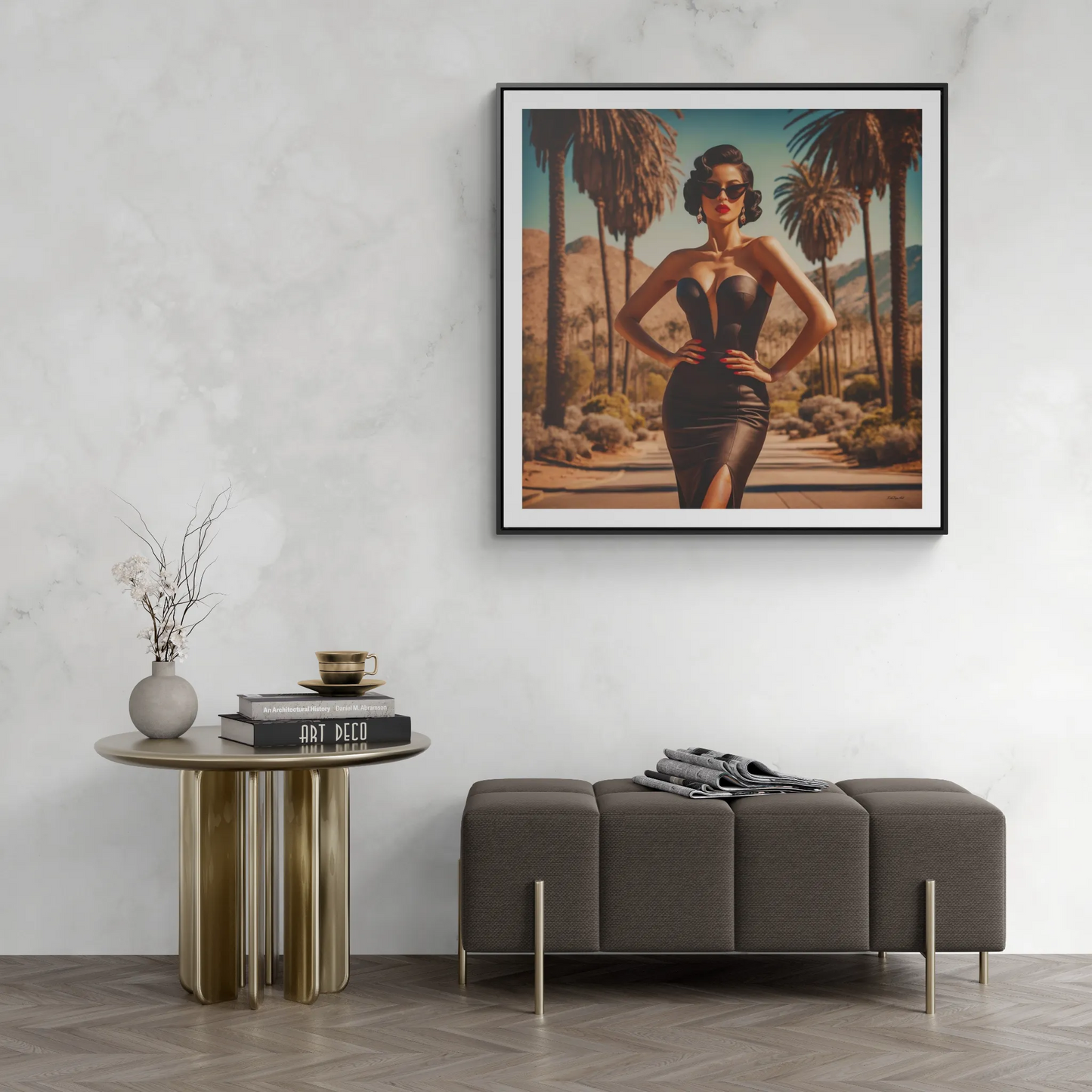 Canvas Wall Art, Glamorous Retro Woman in Palm Springs Square Frame, Fashion Glam Home Decor, Wall Hanging, Gift for Her, Home Office Decor,