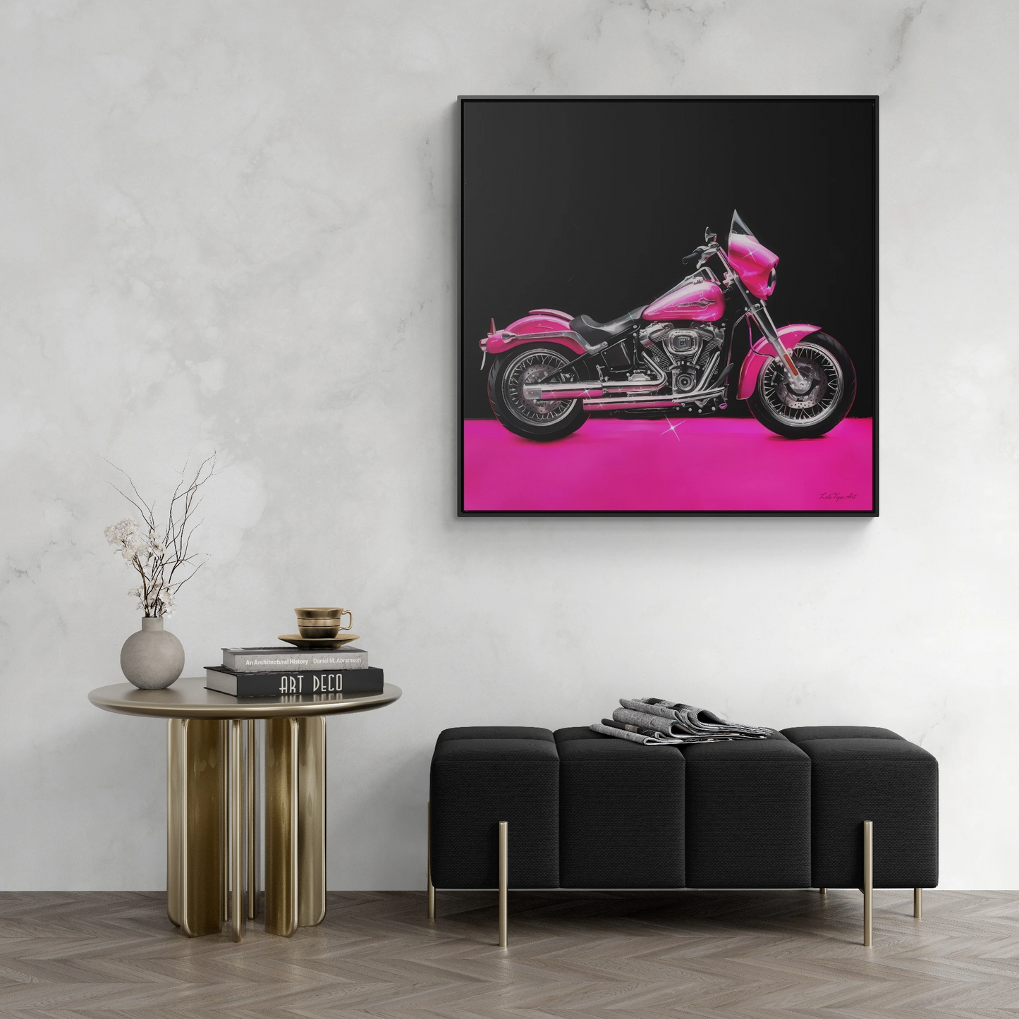 Square Framed Canvas Wall Art, Hot Pink Motorcycle Bling Glamorous Fashionista Decor, Gallery Canvas Wraps, Square Frame, Home Wall Decor,