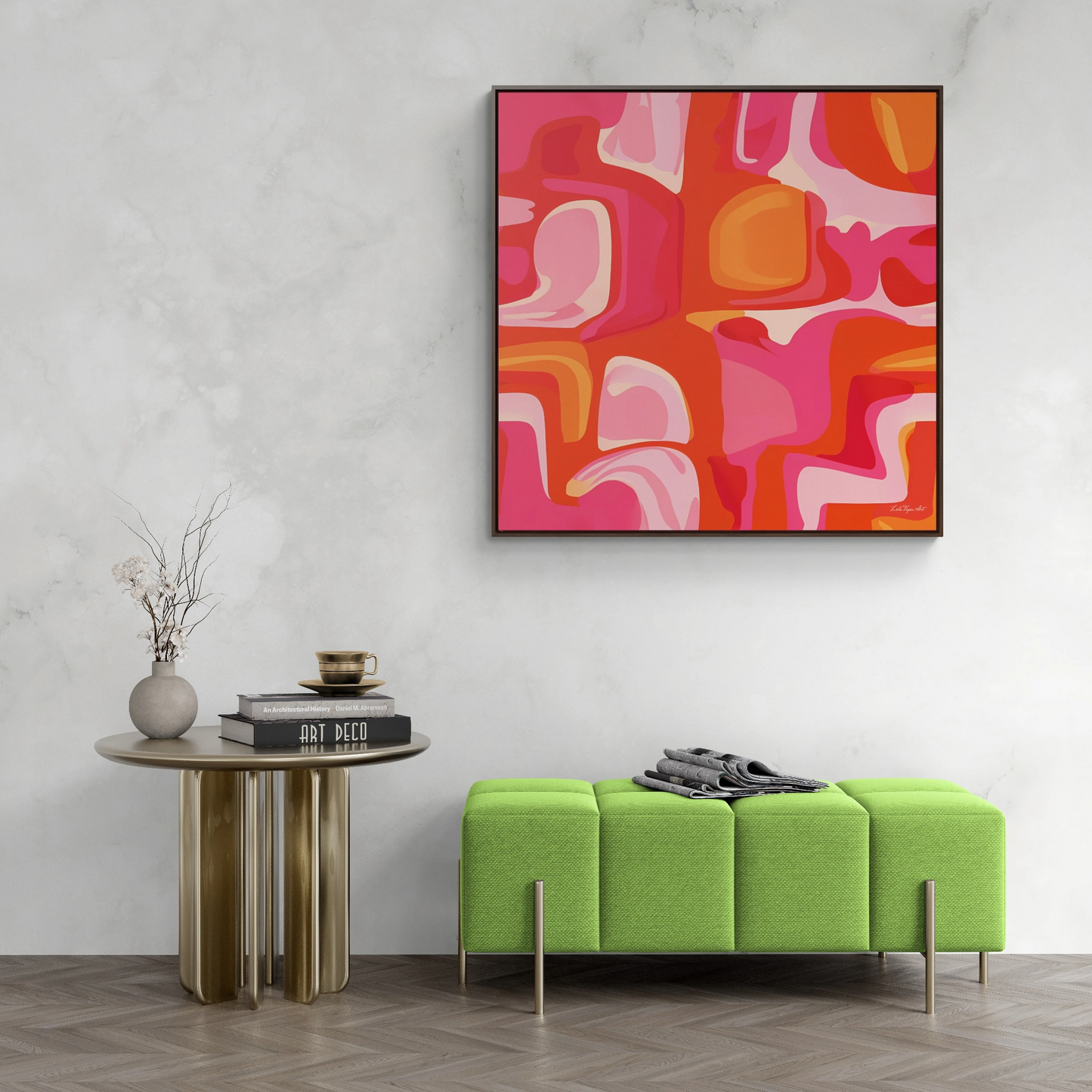 Canvas Wall Art, Pink and Orange Abstract Design, Psychedelic Square Frame Decor, 1960's Vibe Print, Square Gallery Canvas, Home Decor, Wall