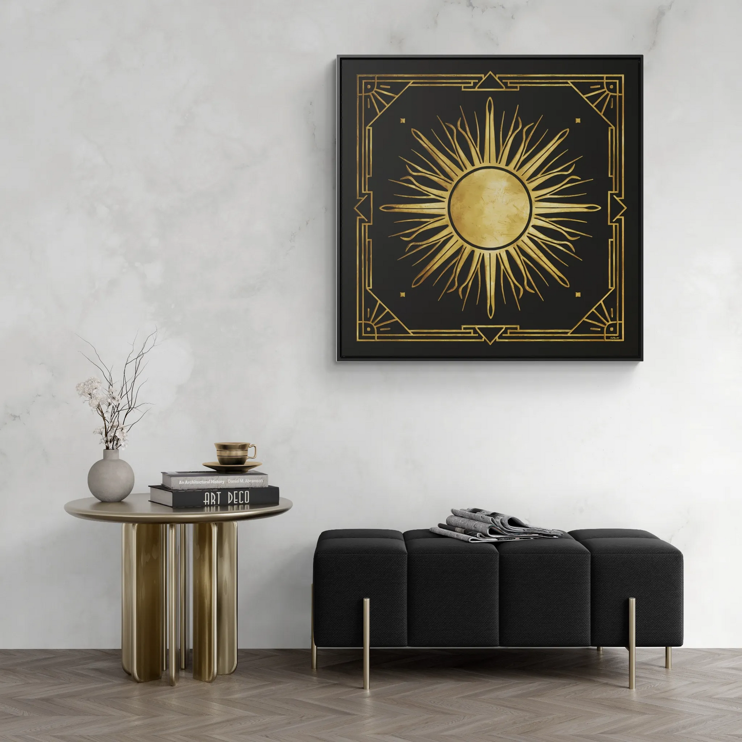 Canvas Wall Art, Black and Distressed Gold Art Deco Sun Square, Framed Decor, Dramatic Retro Style, Home Decoration, Square Frame