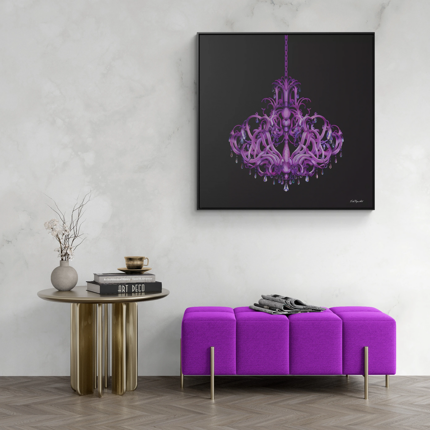 Gothic Crystal Chandelier Square Canvas, Elegant Dramatic Wall Art - Gallery Wraps, Square Frame, Purple Home Decor, Glamorous Gothic Art,