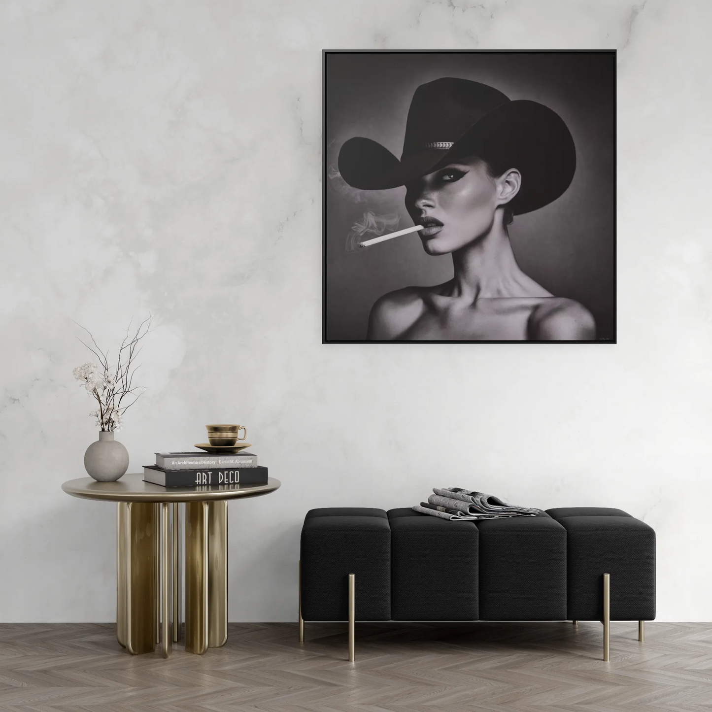 Square Frame Canvas Wall Art, Fashionista Home Decor, Black and White Fine Art Photography, Gorgeous Woman with Freckles, Cowboy Hat,