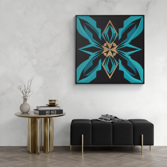 Art Deco Square Canvas Wall Art, Gallery Canvas Wraps, Turquoise and Gold Home Decor, Black Canvas Frame, Modern Wall Hanging, Office Decor,