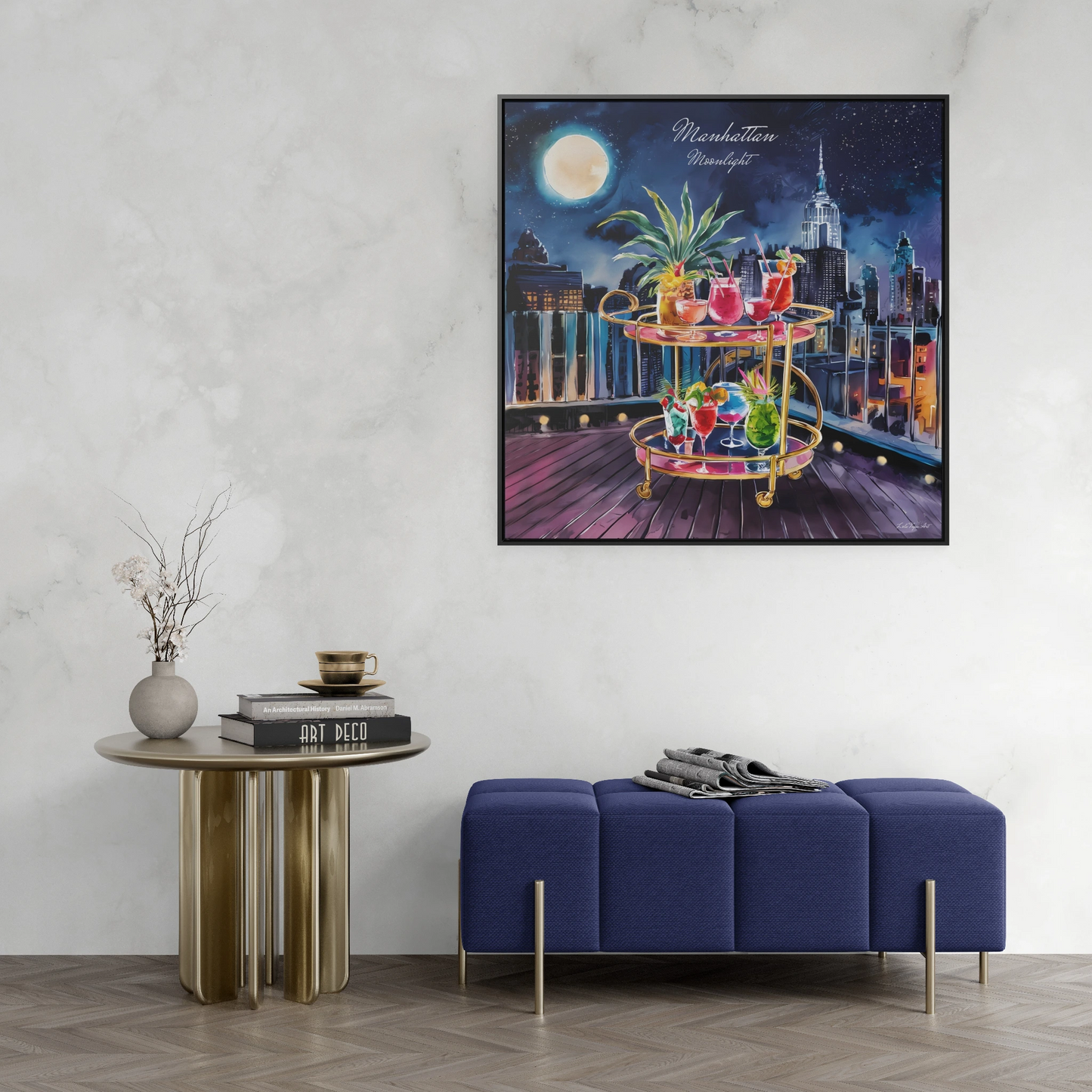 Square Canvas Prints, Rooftop Manhattan Cityscape Wall Art, Bar Cart and Cocktails at Night, Full Moon, Gallery Wrap, Square Frame, Home