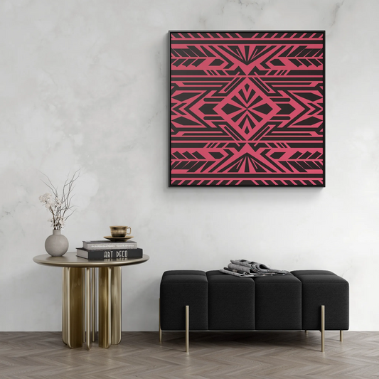 Square Canvas Wall Art, Black Tribal Boho Southwest Design, Pink Red Background, Square Frame, Gallery Decor, Home Decoration, Southwestern - LOLA VEGAS ART