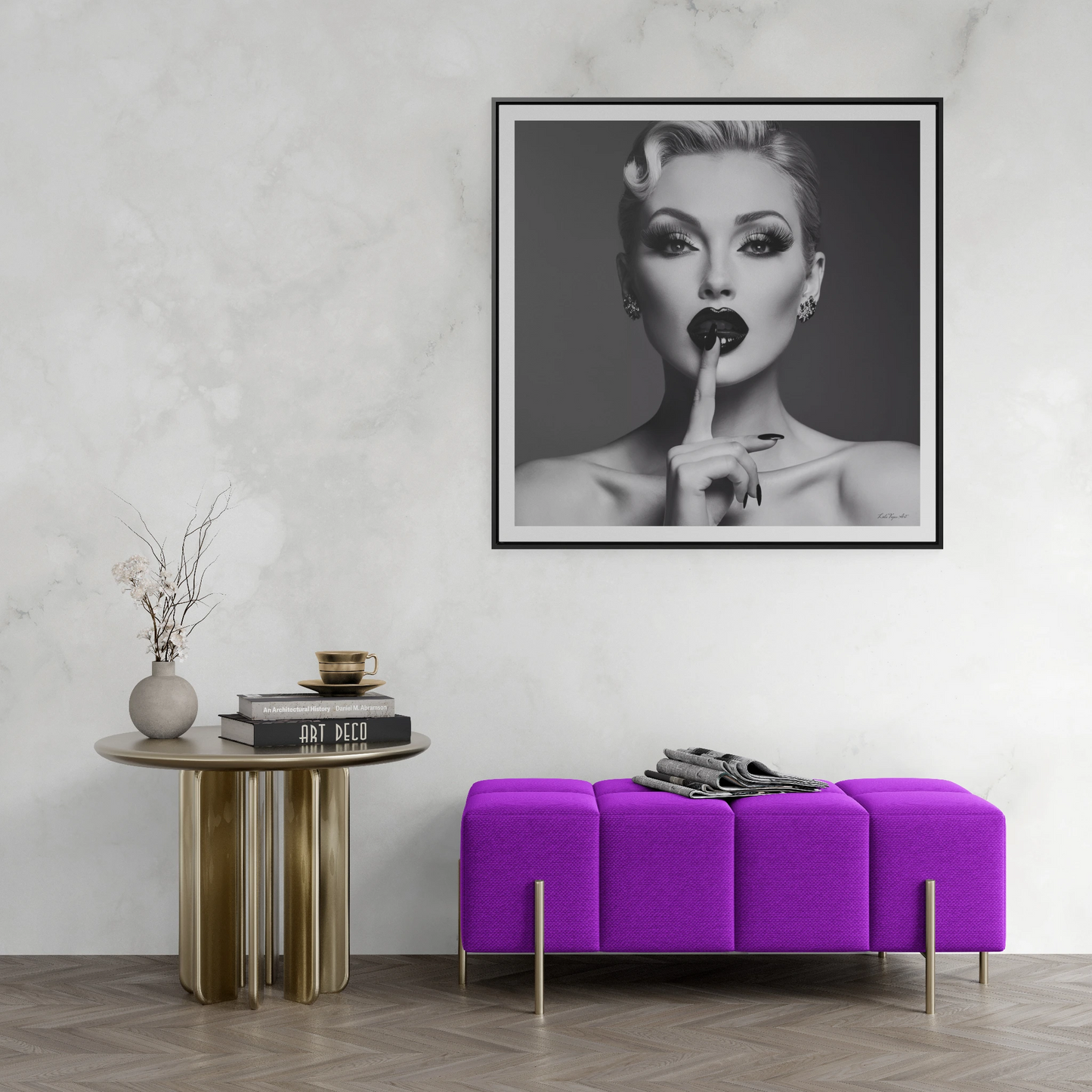 Square Frame Canvas Wall Art, Black & White Glamorous Woman Be Quiet Portrait, Fine Art Photography, Gallery Canvas Wraps, Home Decor, Wall