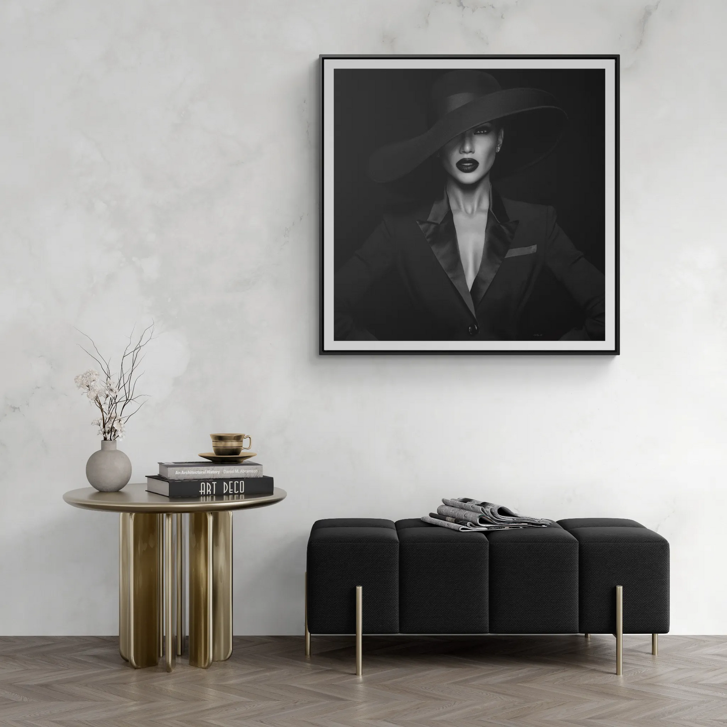 Canvas Wall Art Fashionista, Square Frame Glamorous Woman in Suit Decor, Black and White Dramatic Fedoras, Gallery Wraps, Home Office Decor, - LOLA VEGAS ART