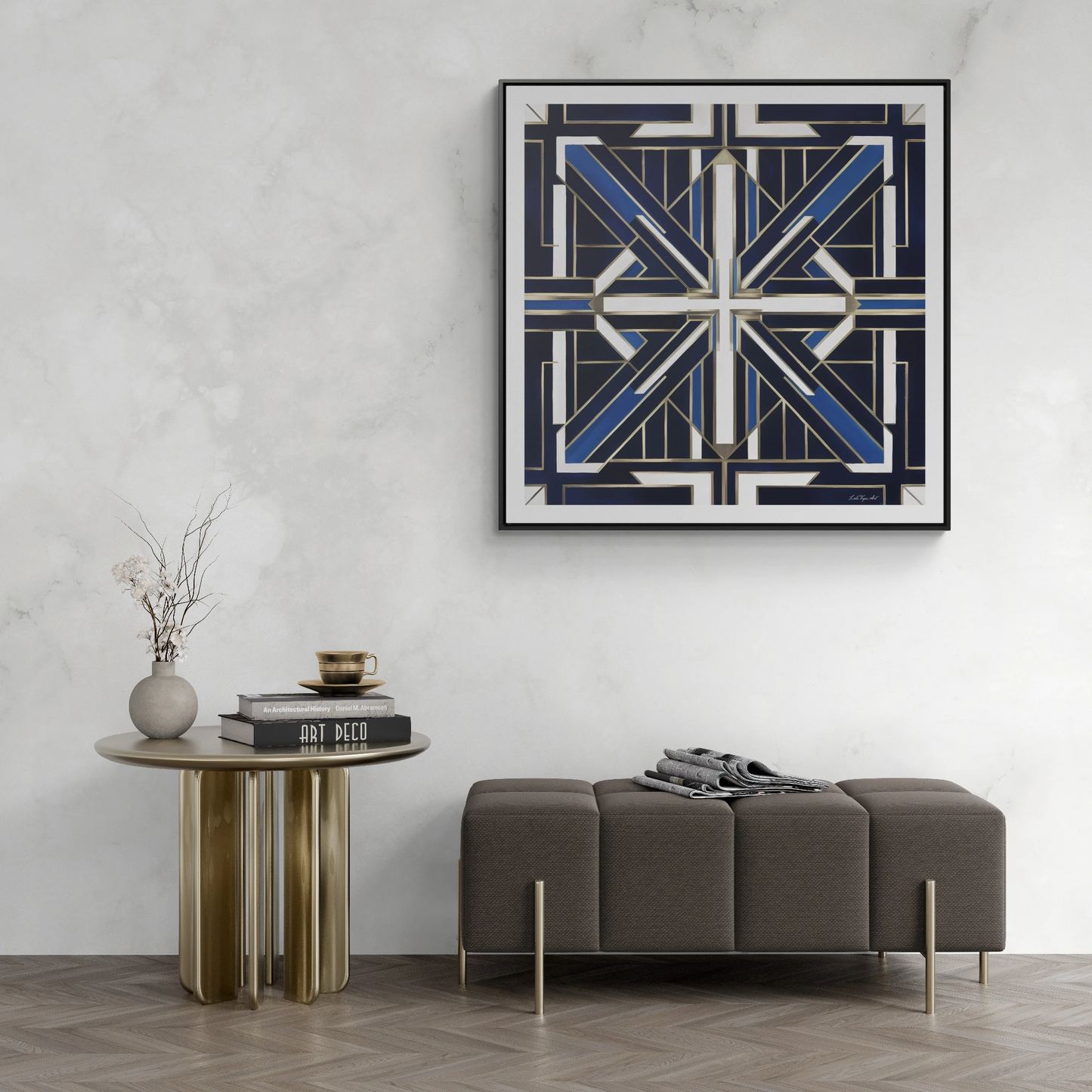 Art Deco Square Frame Canvas Wall Art, Blue and White Gallery Canvas Wraps, Home Decor, Geometric Design, Modern Wall Hanging, Office Decor