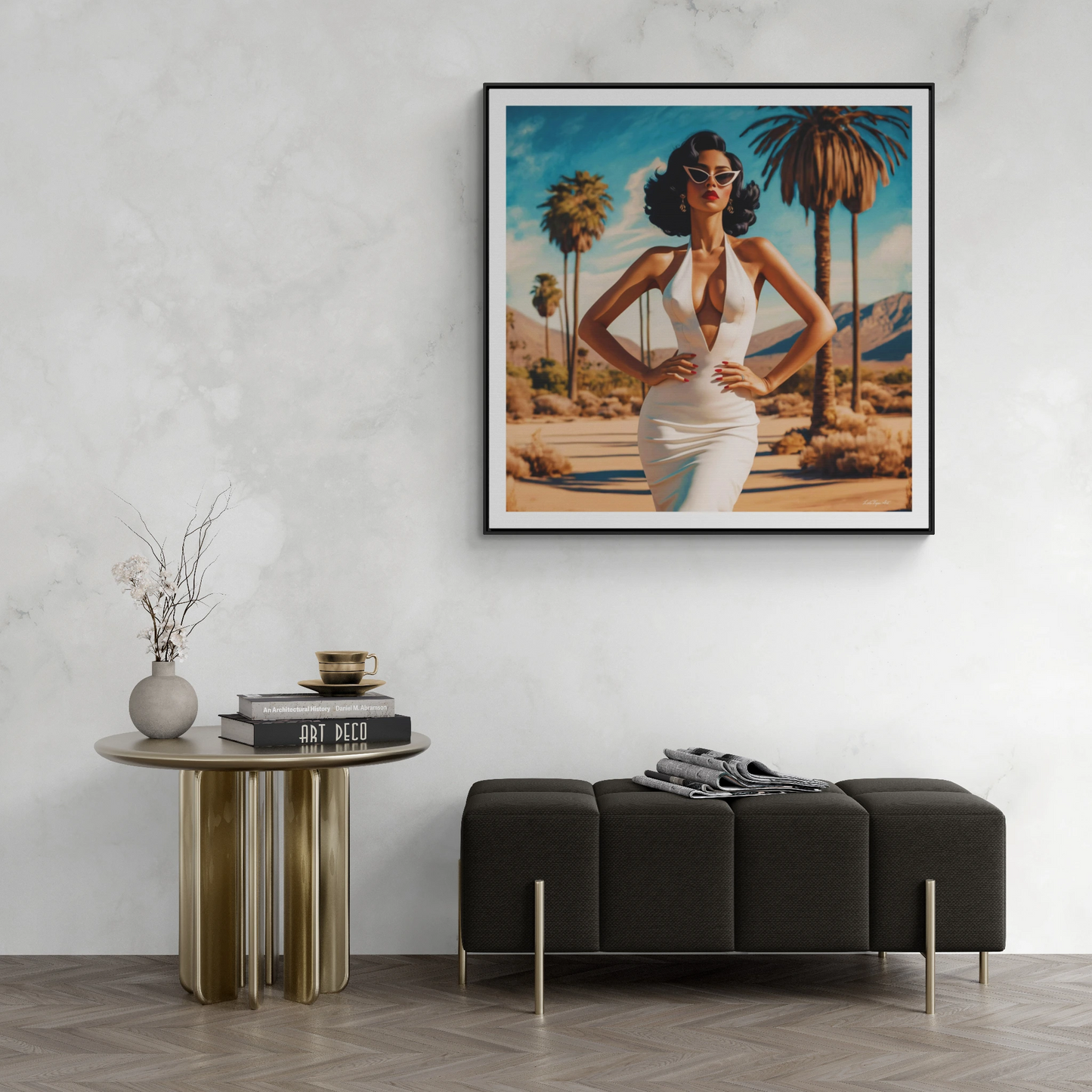 Square Frame Canvas Wall Art, Retro Glamorous Woman in Palm Springs Desert, Square Frame Wall Decor, Gallery Canvas Wraps, Palm Trees Art