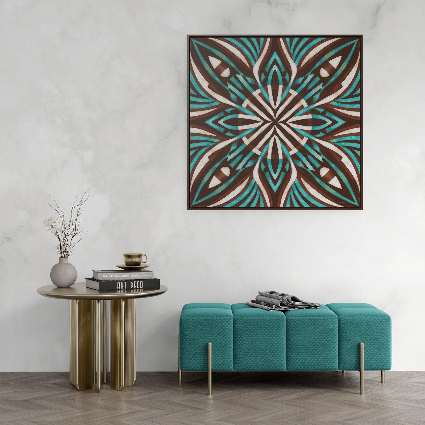 Southwestern Square Canvas Wall Art - Boho Ethnic Home Decor, Turquoise Brown White Frame, Gallery Canvas Wraps