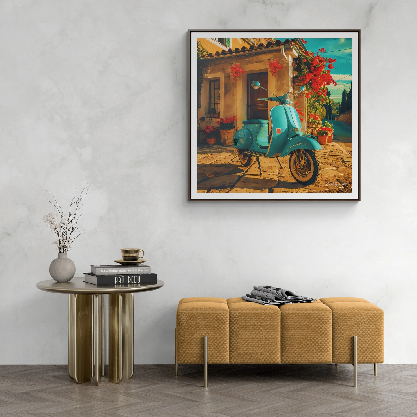 Square Frame Canvas Art, Turquoise Scooter Parked Outside Quaint Italian Village House with Red Flowers, Wall Decor, Home Decor, Summer Day