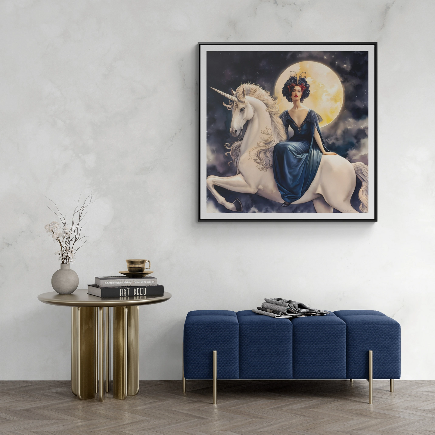 Square Framed Canvas Wall Art, Art Nouveau Style Red-Haired Woman Riding Unicorn Under Full Moon, Fantasy Decor, Magical Night, Gallery