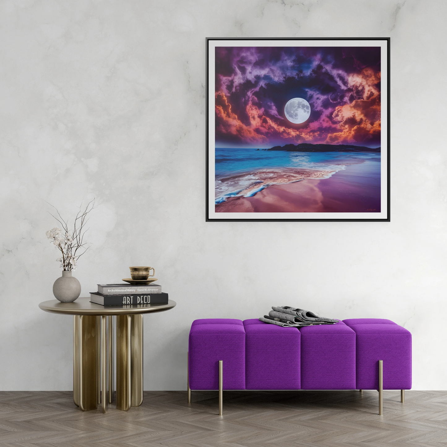 Beach Moon Square Canvas Wall Art, Ocean Night Sky Decor, Gallery Frame Print, Purple Orange Moonlight Photography, Coastal Home Gift