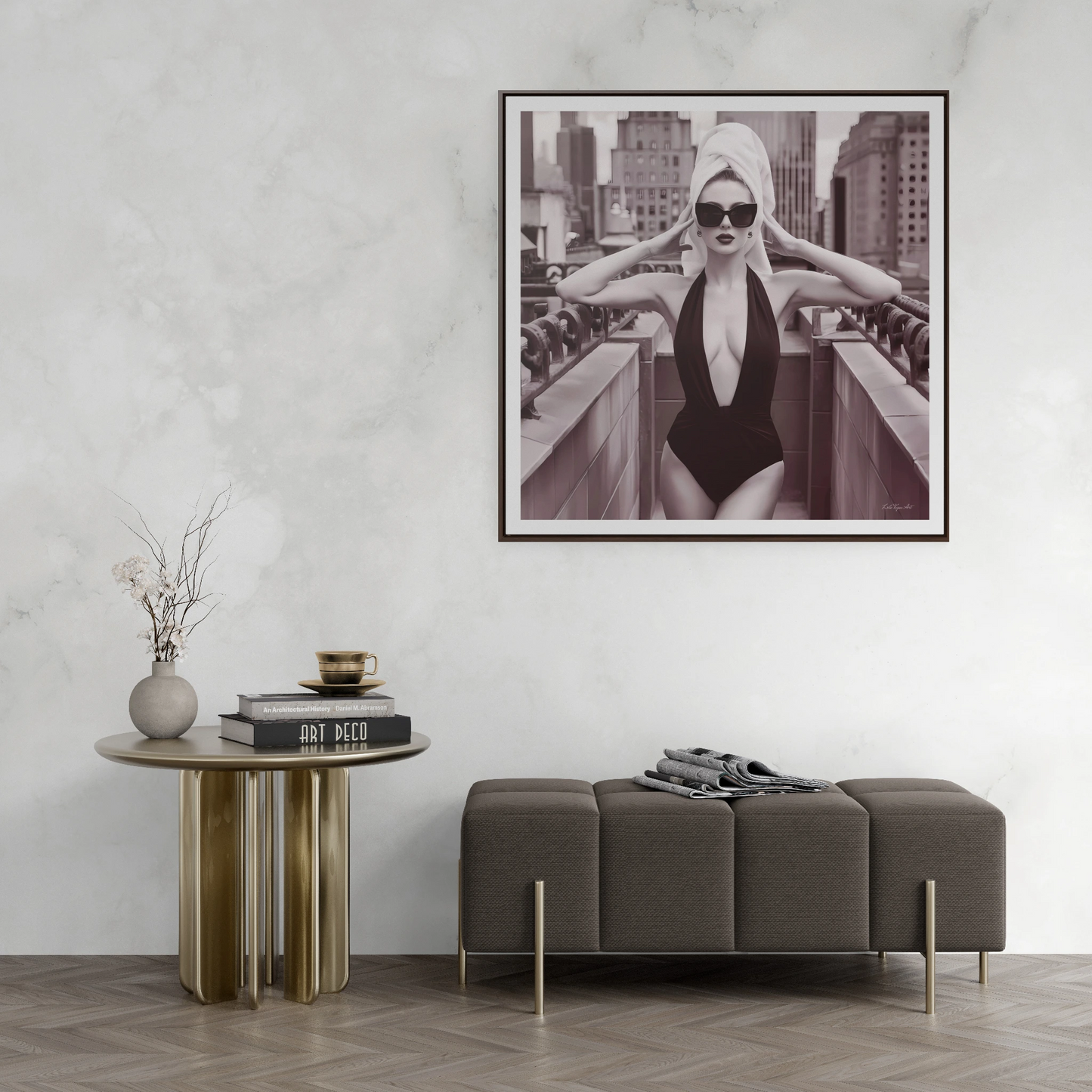 Fashion Model Sepia Art Canvas Wall Wrap, NYC Rooftop Glam Decor, Sexy Swimsuit Square Frame Art, Fashionista Wall Decor, City Chic Home