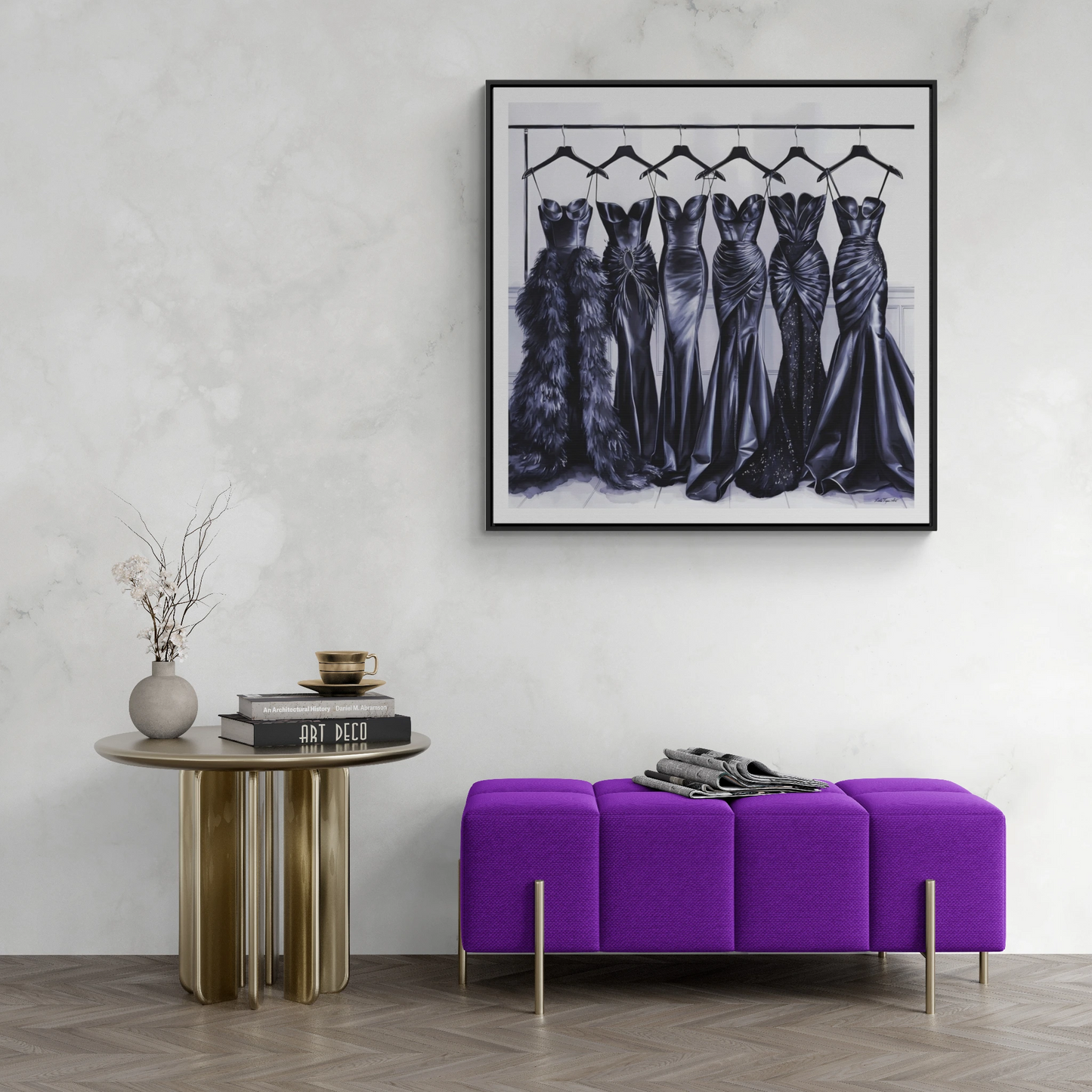 Fashion Wall Art Square Frame, Black Evening Gowns Canvas, Hollywood Regency Glam Home Decor, Gallery Canvas Wraps, Square Frame, Square