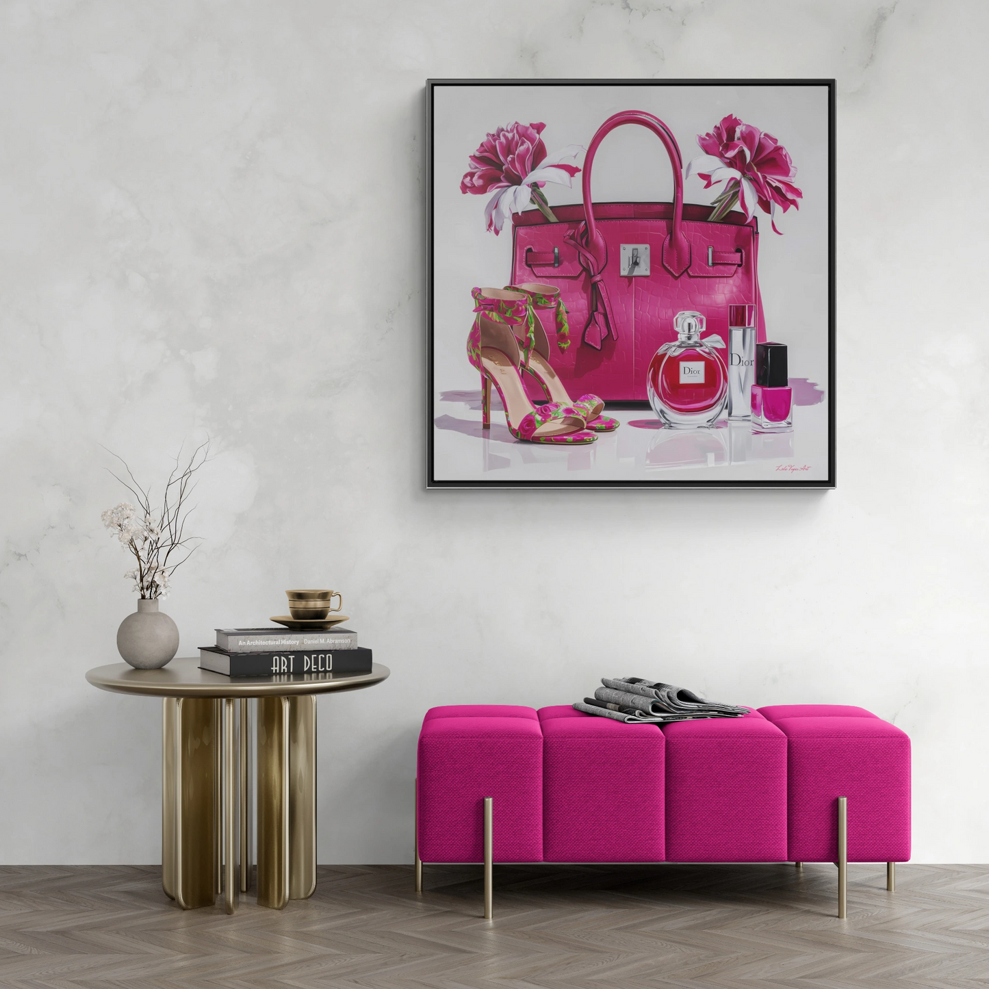 Fashion Square Canvas Wall Art, Pink Designer Handbag Heels Perfume Glam Painting, Gallery Wraps, Fashionista  Room Decor,