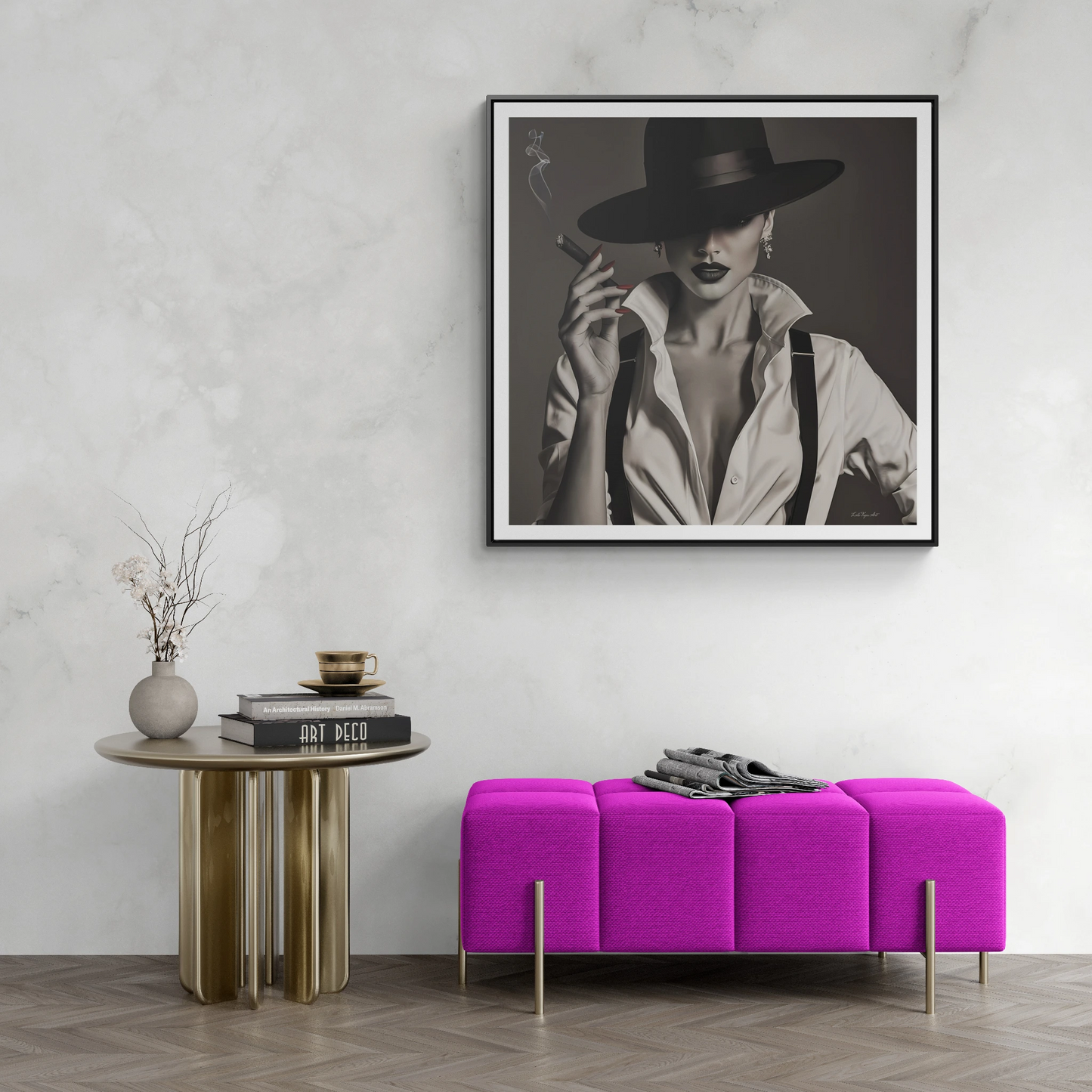 Film Noir Woman Canvas Art, Square Frame, Sexy Black White Femme Fatale Fedora Hat Cigar, Wall Hanging Poster Print, Home Decor Gift,