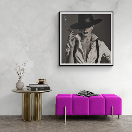 Film Noir Woman Canvas Art, Square Frame, Sexy Black White Femme Fatale Fedora Hat Cigar, Wall Hanging Poster Print, Home Decor Gift,