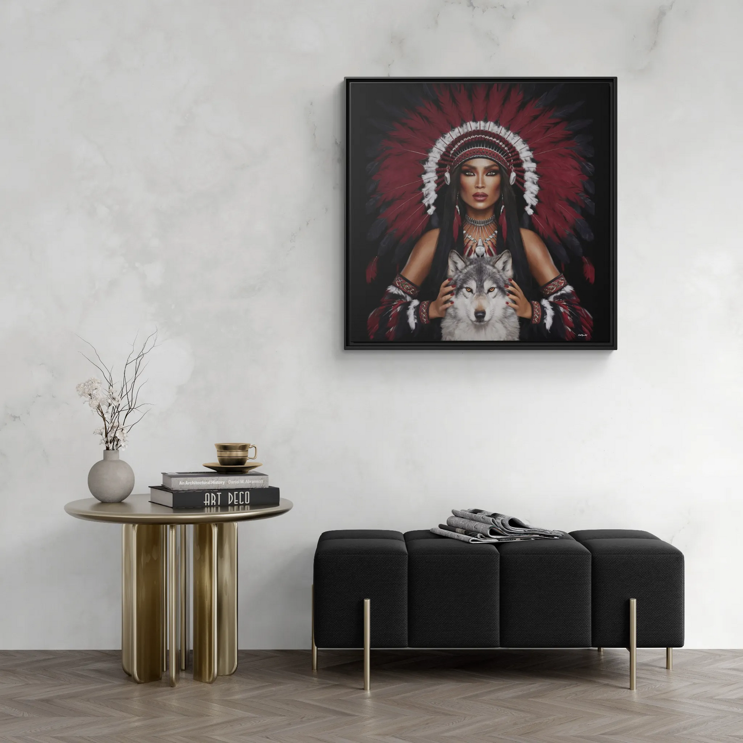 Canvas Wall Art, Native American Woman with White Wolf, Southwestern Home Decor, Square Framed Print, Multi-color, Burgundy Black Feather