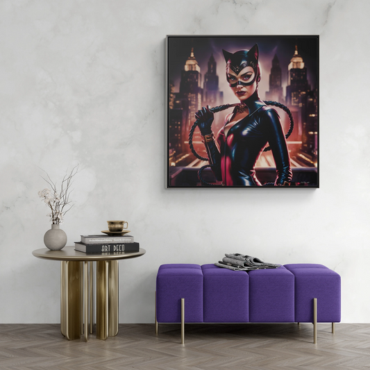 Catwoman Square Frame Canvas Wall Art, Retro Sexy Comic Villain Gallery Wrap, Gotham City Home Decor, Classic Catsuit Design, Bedroom Living