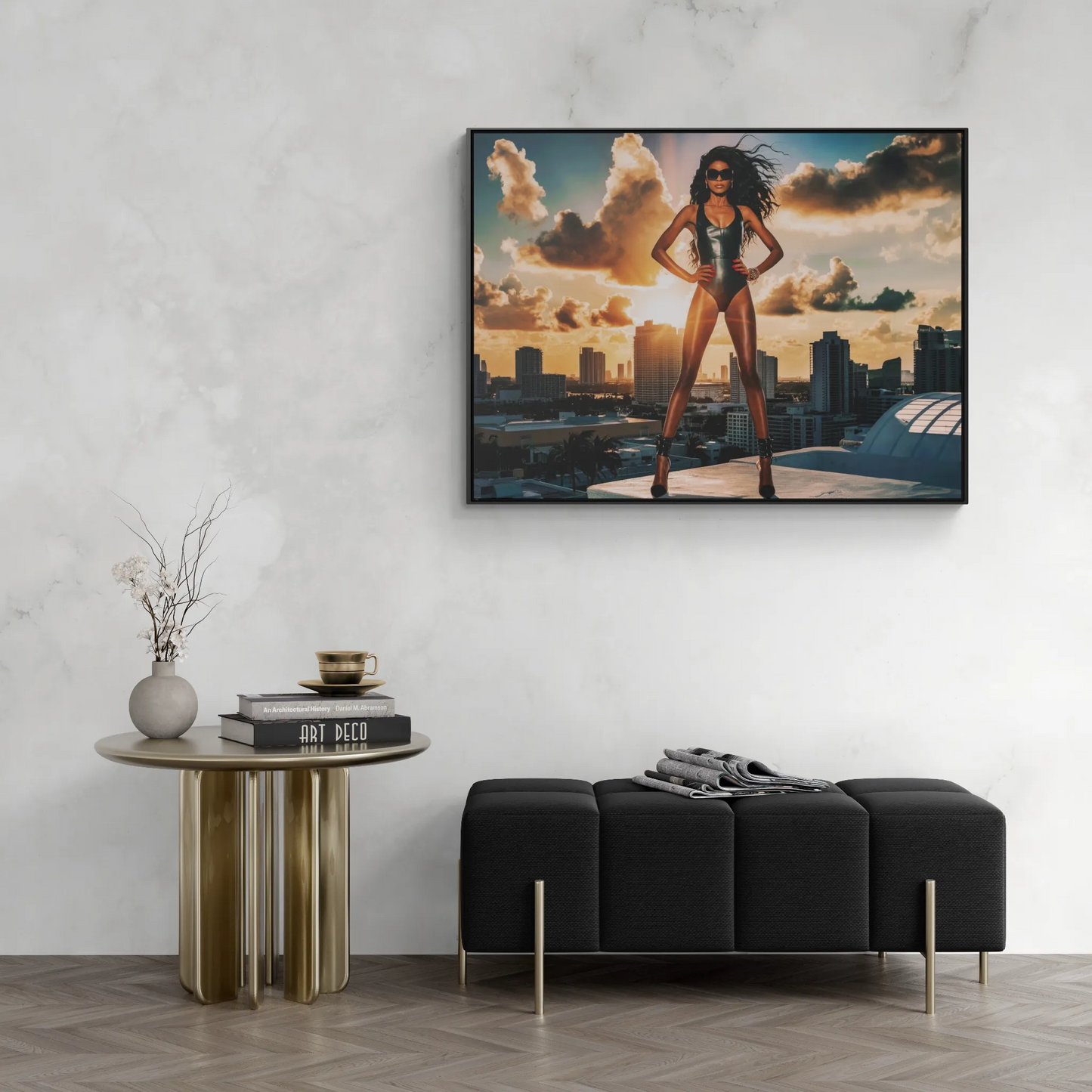 Canvas Wall Art, African American Model in Swimsuit with Miami Skyline, Fashion Decor, Horizontal Frame Home Decor, Gallery Wrap Print