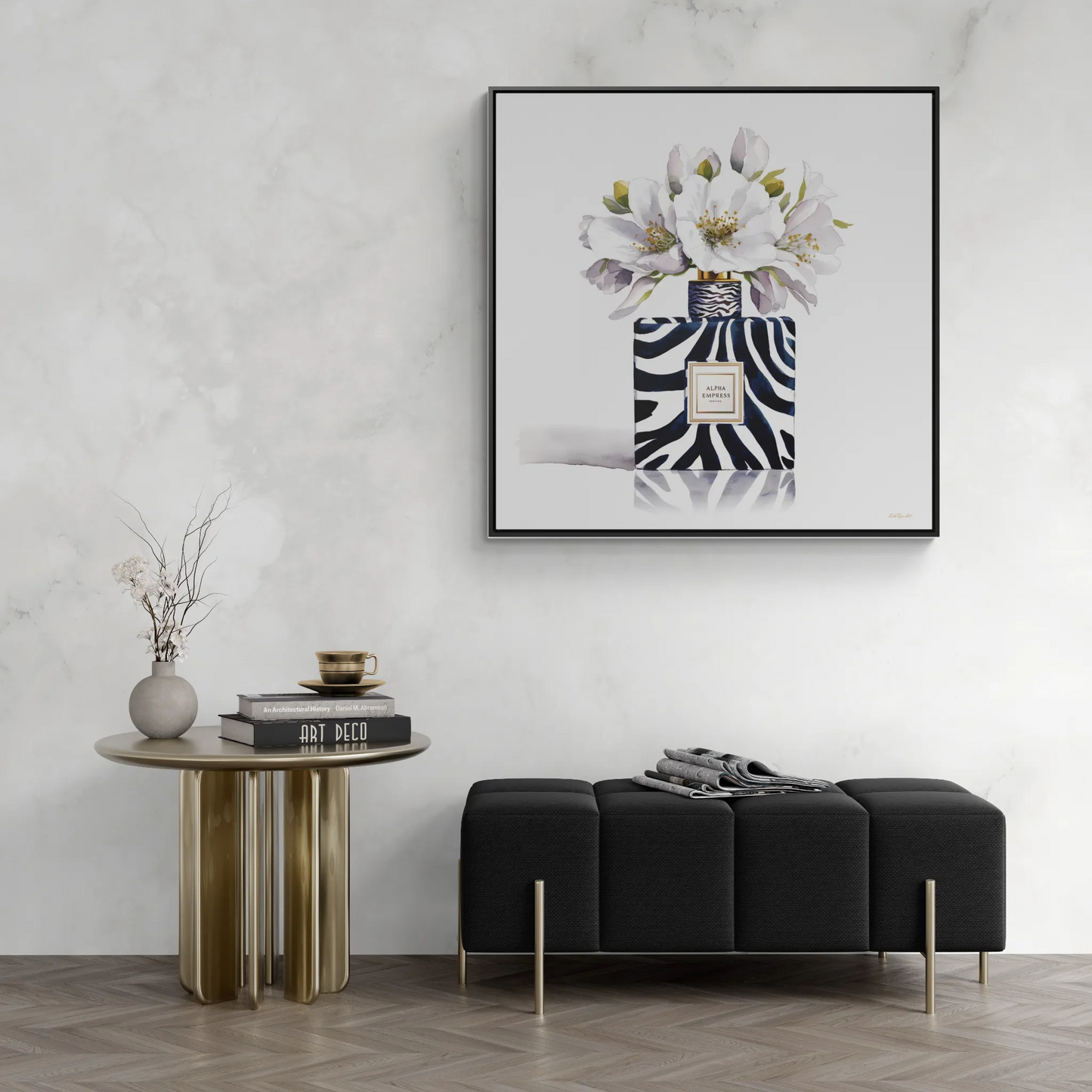 Framed Canvas Wall Art - Watercolor Zebra Perfume Bottle 'ALPHA EMPRESS' with White Flowers Print