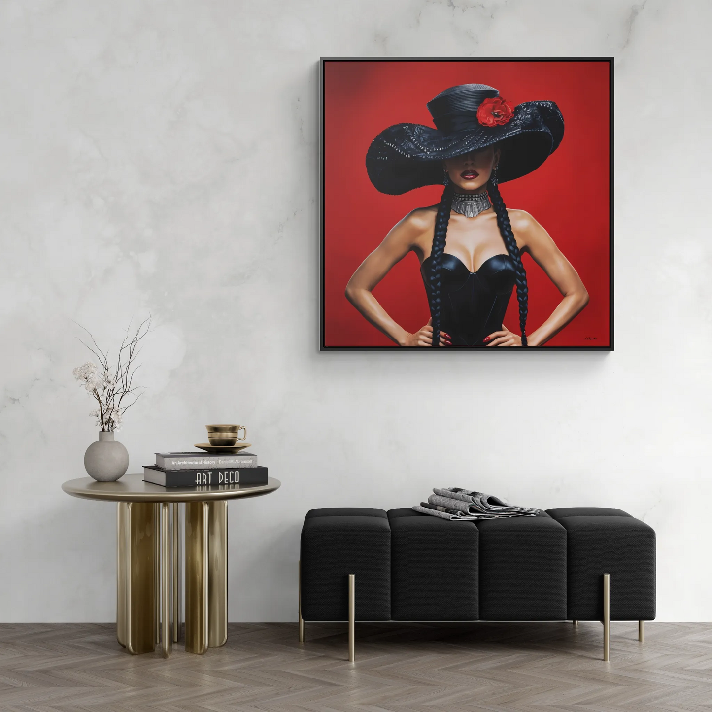 Square Canvas Wall Art, Latina Woman Black Hat Red Flower, Feminine Home Decor, Eclectic Art, Gallery Canvas Wrap, Square Frame