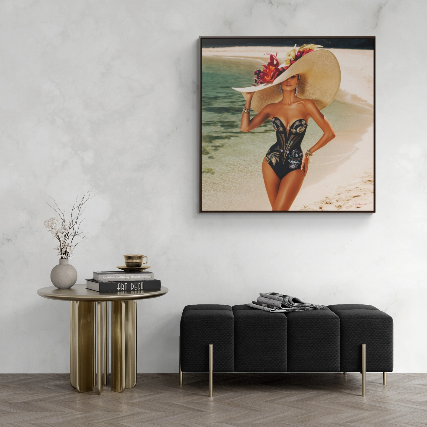 Square Frame Canvas Wall Art, Exotic Woman on Beach in Swimsuit, Retro Glamorous Decor, Gallery Prints, Sunhat Photography, Fine Art Home