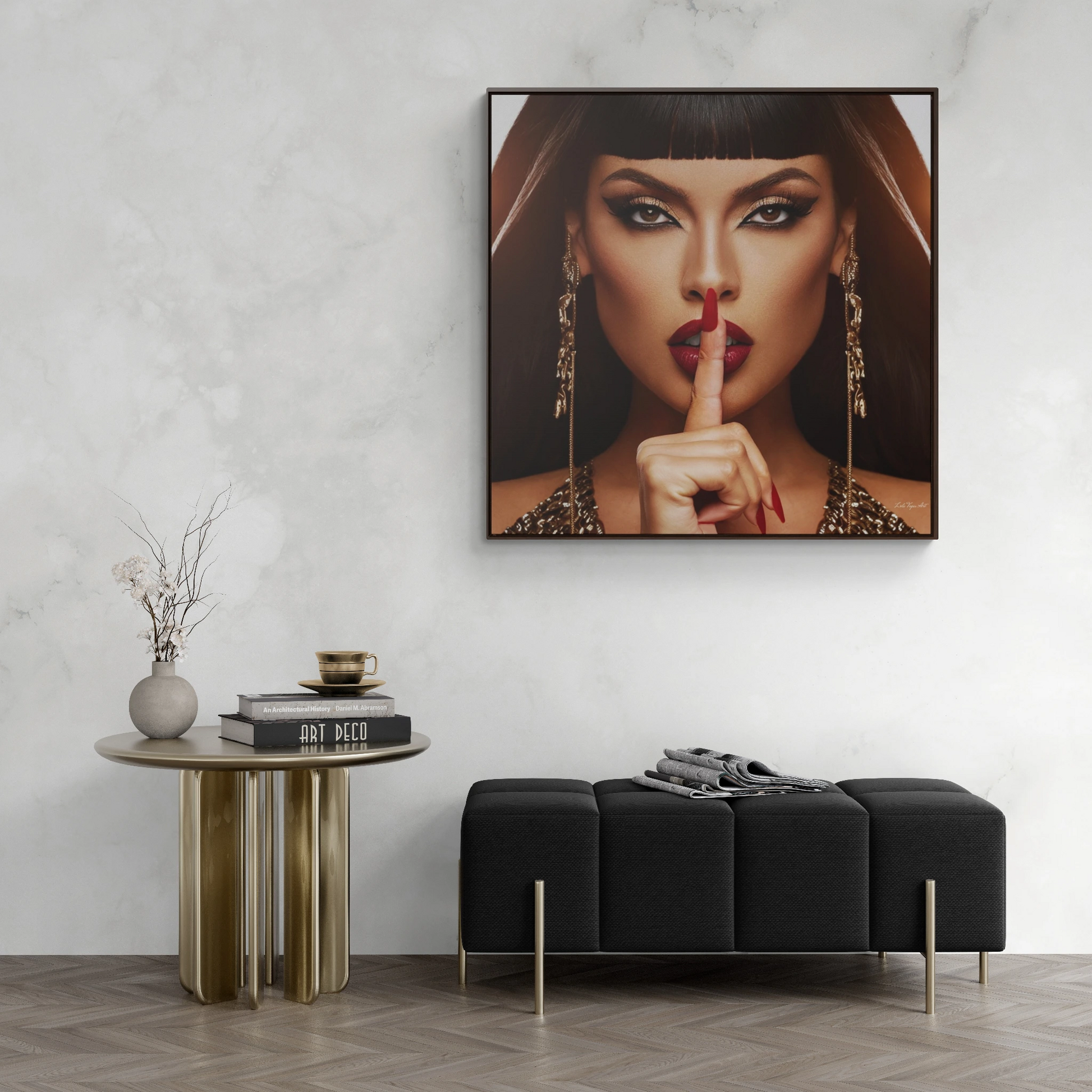 Square Frame Canvas Wall Art - Fine Art Photography of Egyptian Woman, Red Lips, Glamorous Decor, Fashionista, Be Quiet Sign, Gallery Canvas - LOLA VEGAS ART