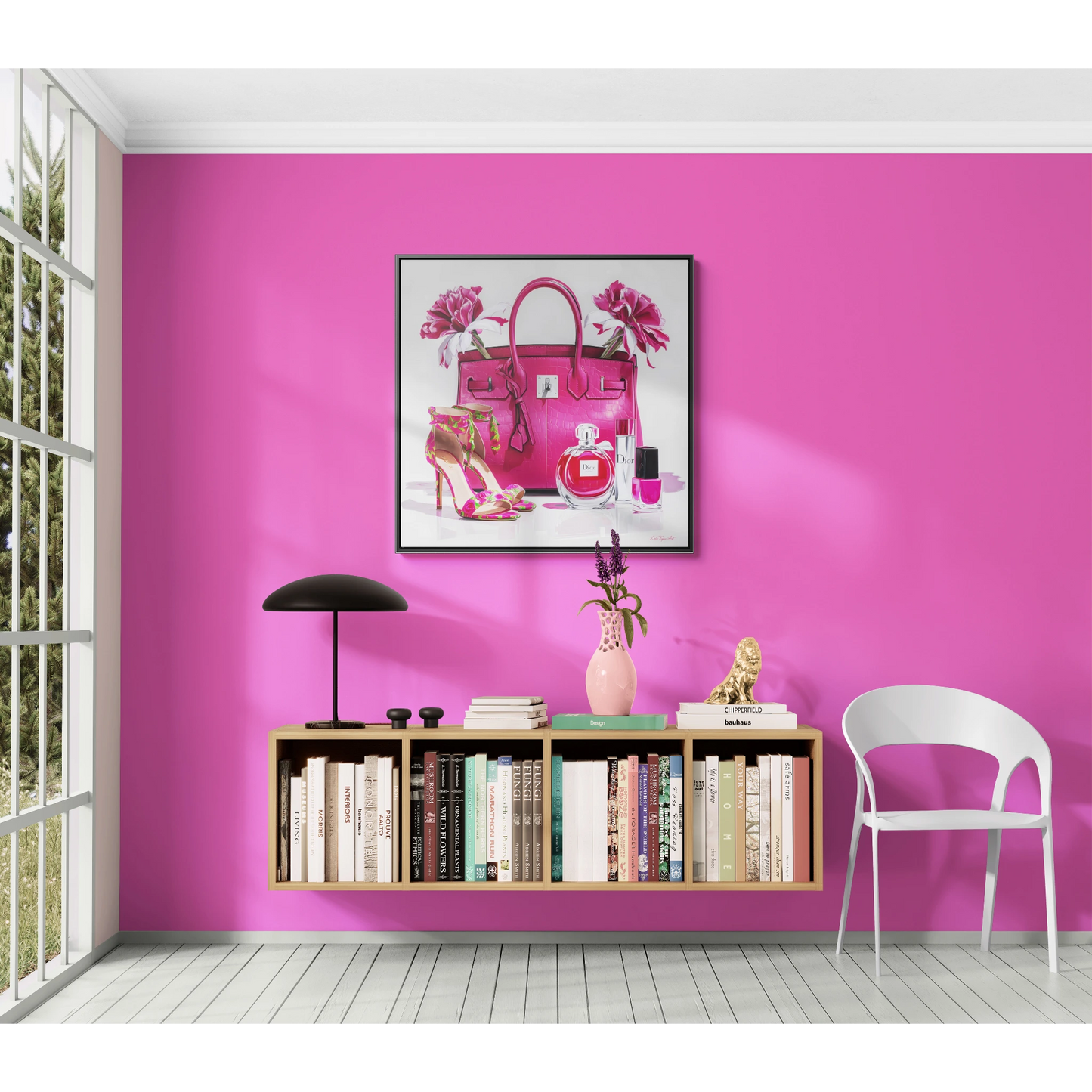 Fashion Square Canvas Wall Art, Pink Designer Handbag Heels Perfume Glam Painting, Gallery Wraps, Fashionista  Room Decor,