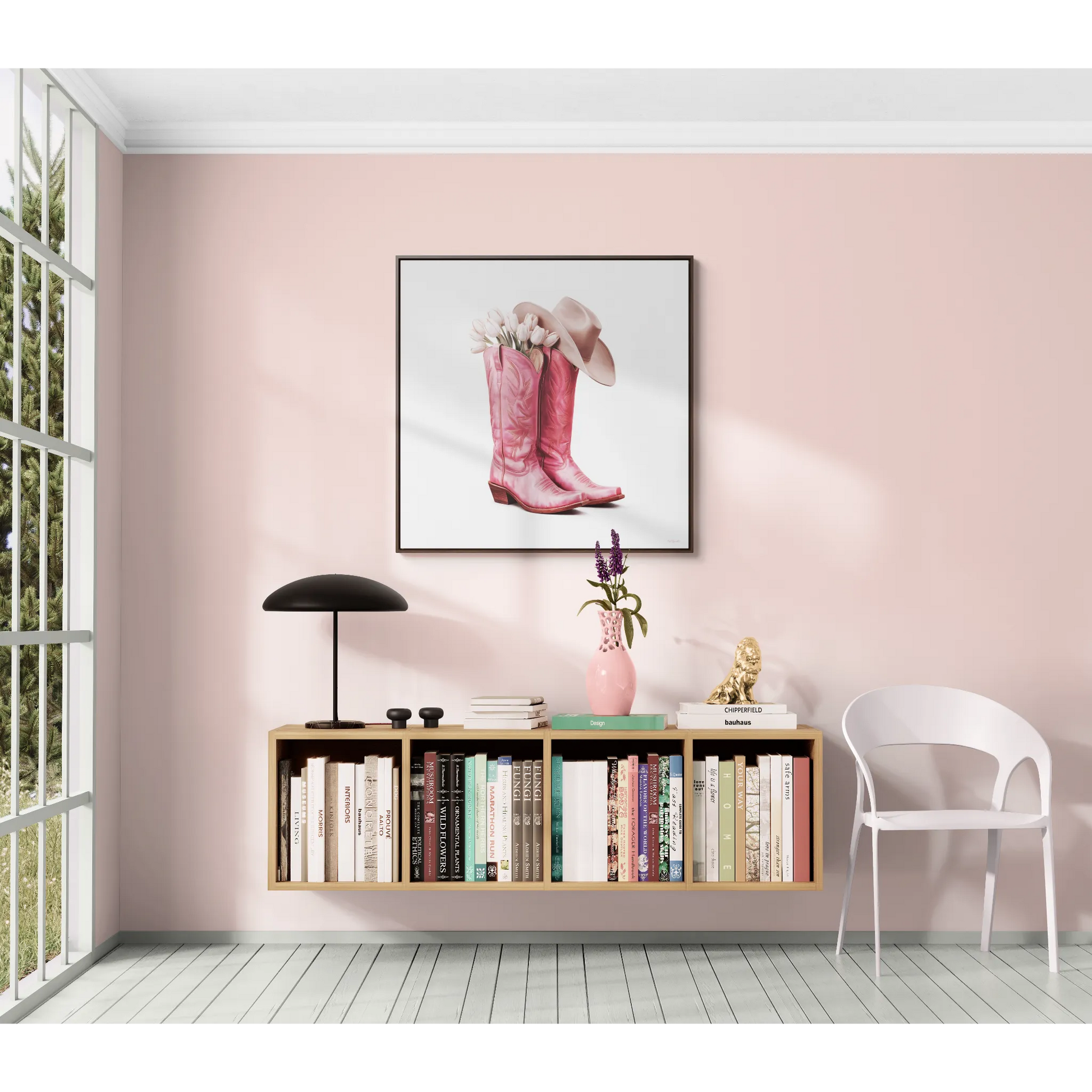 Cowgirl Pink Cowboy Boots White Tulips Square Canvas Wall Art, Southwestern Home Decor, Western Cowgirl Gift, Pink Floral Wall Decor, Square - LOLA VEGAS ART