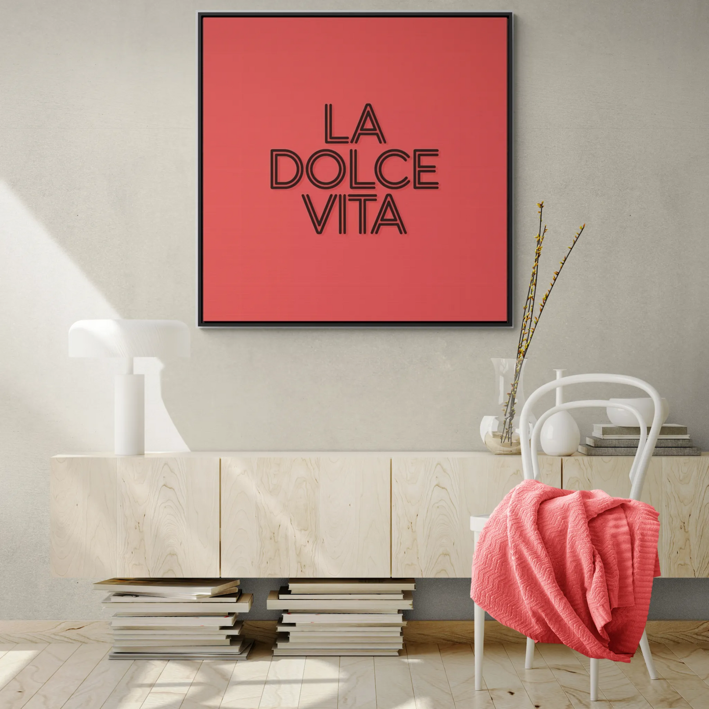 Square Frame Wall Art, LA DOLCE VITA Typography Canvas, Orange and Black, Cool Home Decor, Gallery Canvas Wrap, Home Office Decor, Unique